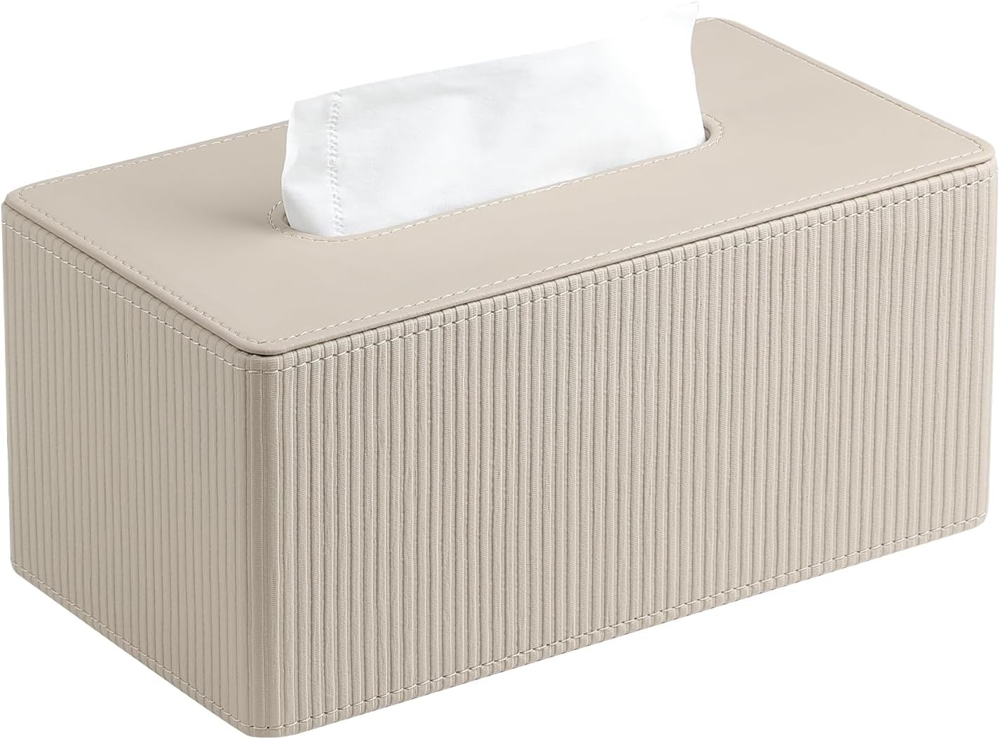 Cretkhp PU Leather Tissue Box Cover with Magnetic Closure, Modern Rectangular Tissue Box Holder Decorative for Bathroom Vanity Countertop Night Stands Bedroom Office (Beige Striped, Rectangular)