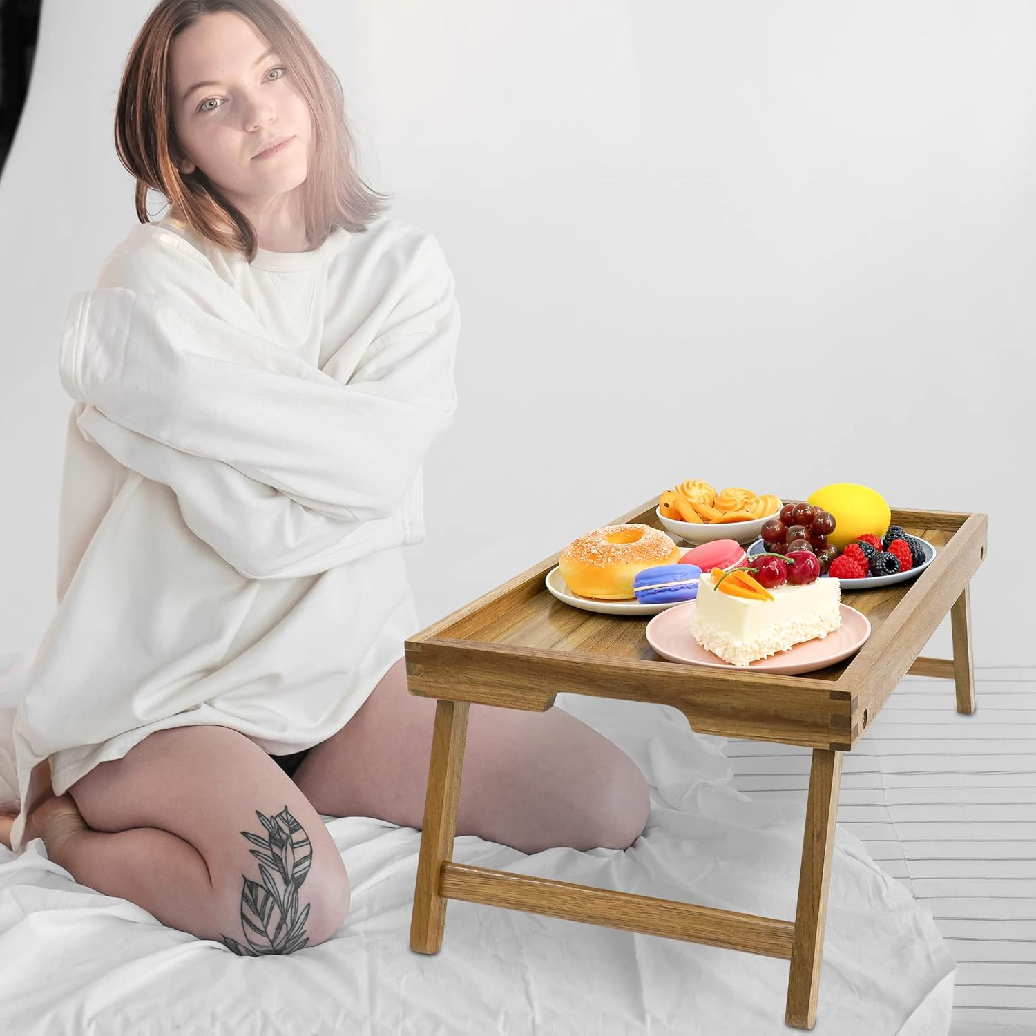 Vaefae Acacia Bed Table Tray, Wooden Breakfast Tray with Folding Legs, Bed Tray for Eating and Laptop, Eating Trays for Bedroom (Large) image number 1