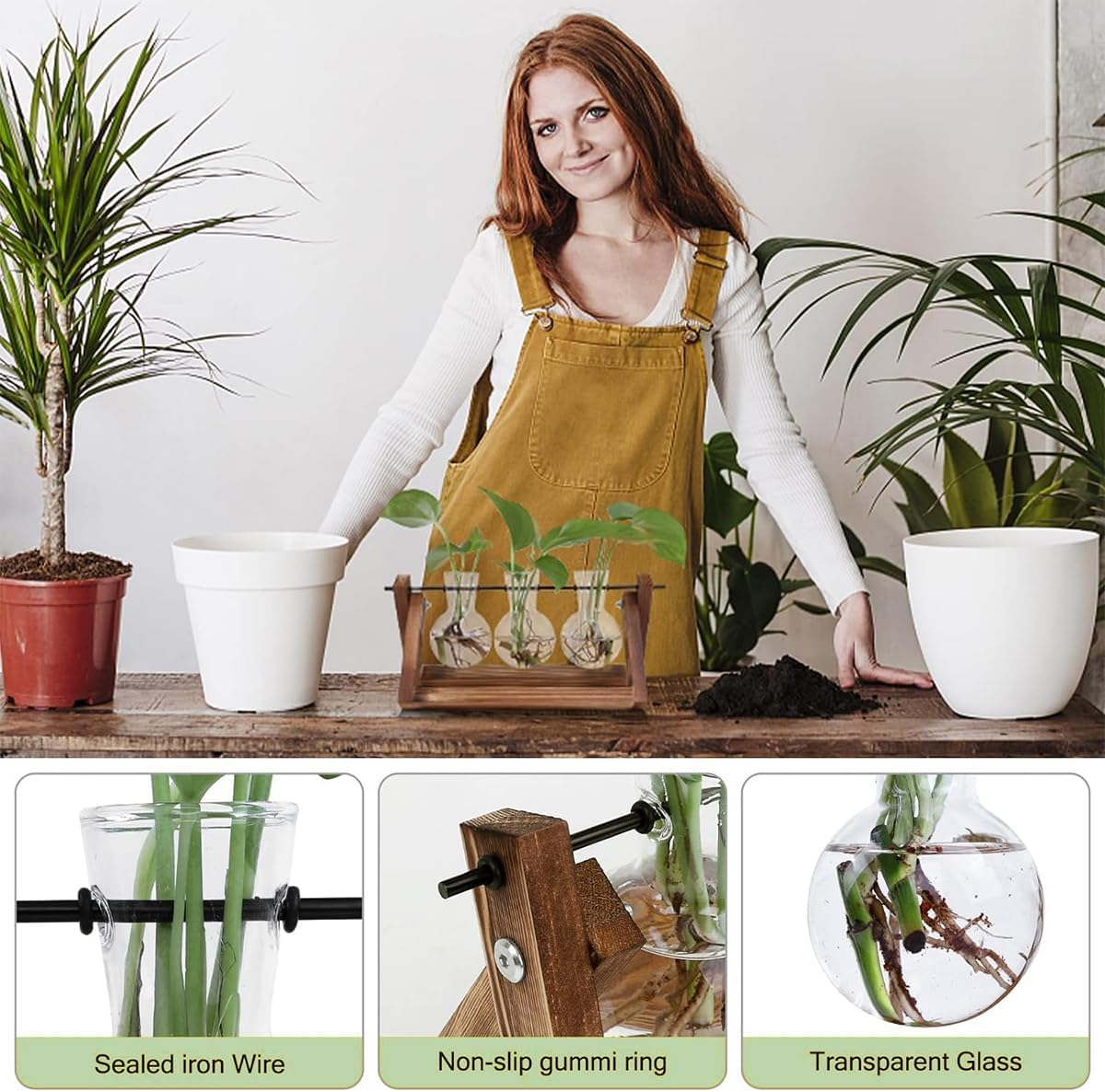 Plant Terrarium Wooden Stand Propagation Stations Glass Hydroponics Bulb Vase Desk Plants Holder for Gardening Office Home Decor 3 Glass Vase image number 4