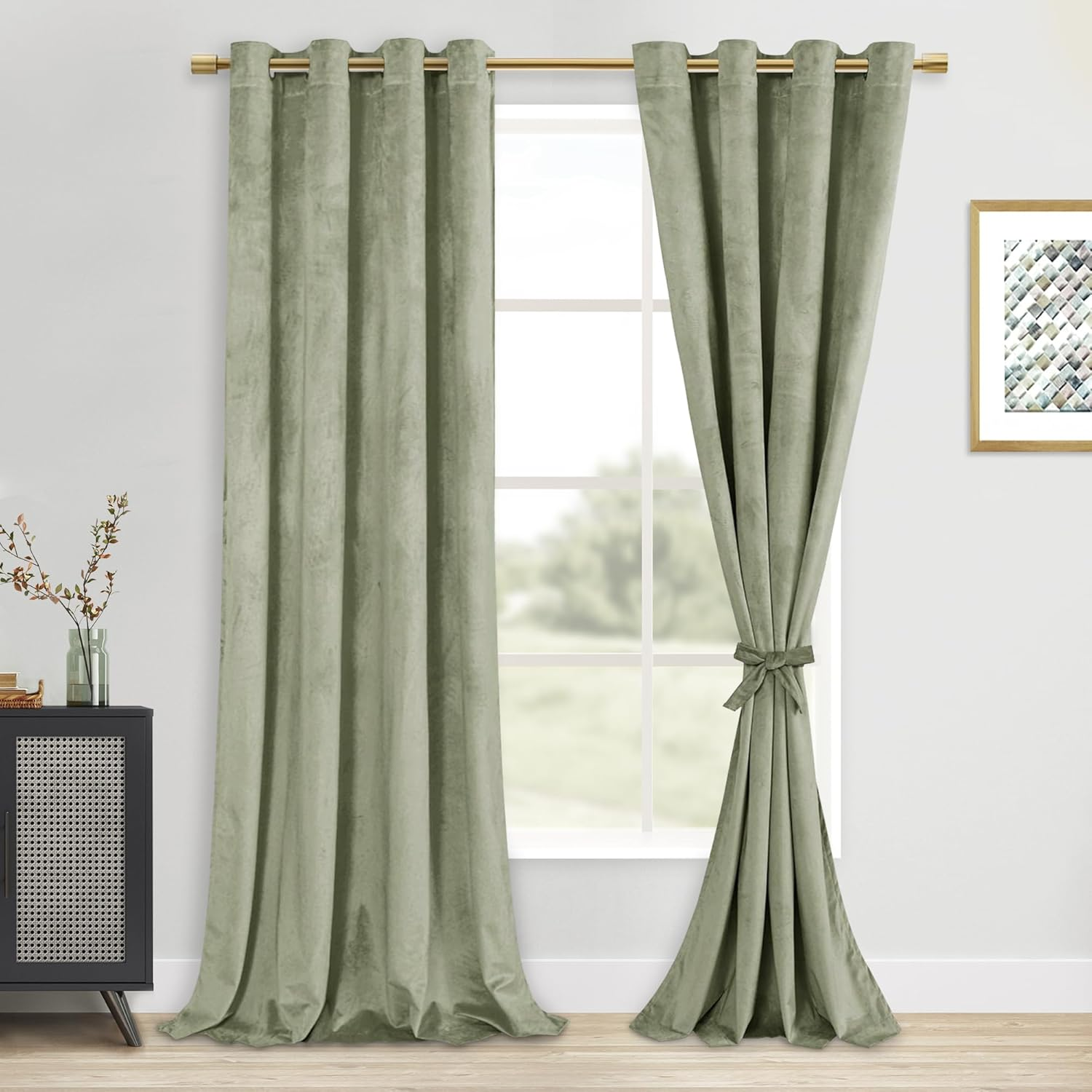 DWCN Velvet Curtains Elegant Grommet Curtain Sewn with Tiebacks - Thermal Insulated Room Darkening Curtains & Drapes for Living Room Bedroom Decor, Each W132 Cm X D214Cm, Set of 2, Light Sage image number 6