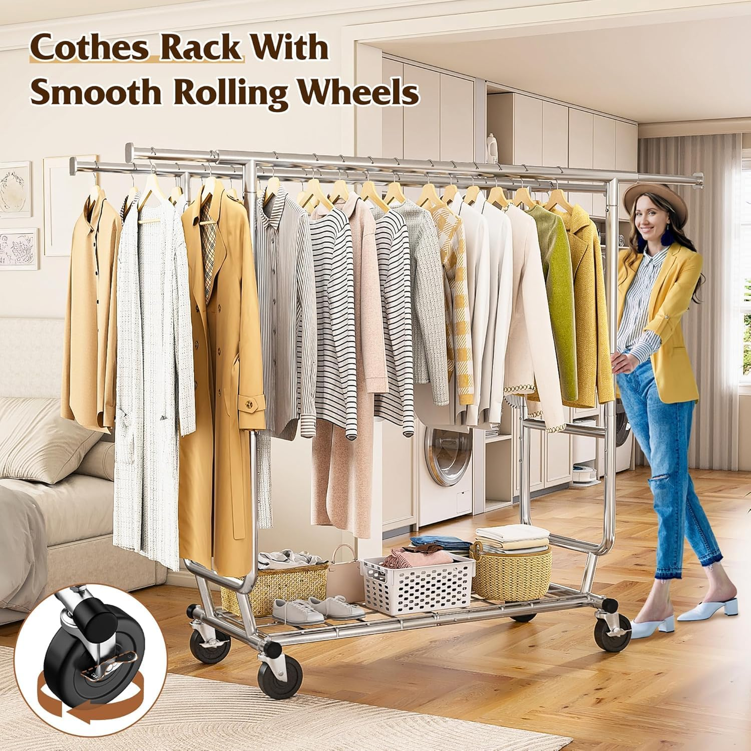 Yunking Clothes Rack,Clothing Rack 630 LBS Heavy Duty with Wheels Clothing Racks for Hanging Clothes Rolling Clothes Rack Adjustable & Commercial Garment Rack 22" D X 75" W X 68" H image number 6