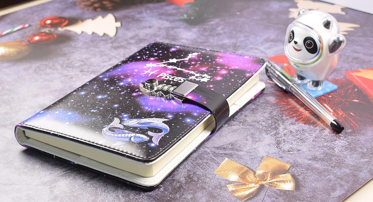 Junshop Locking Diary Combination Lock Journal Constellation Writing Diary A5 Starry Sky Lock Leather Notebook (Pisces) image number 2