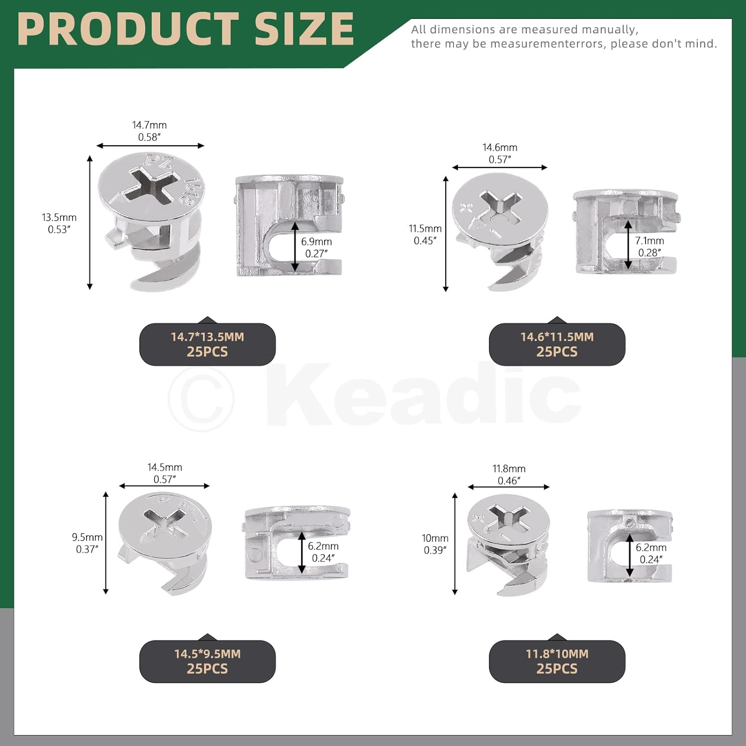 Keadic 100 Pcs 4 Sizes Furniture Connecting Cam Lock Fittings Assortment Kit, Heavy Duty Joint Connector Nut Cabinet Connectors Hardware Bolts for Wardrobe Drawer Closets Bed image number 1