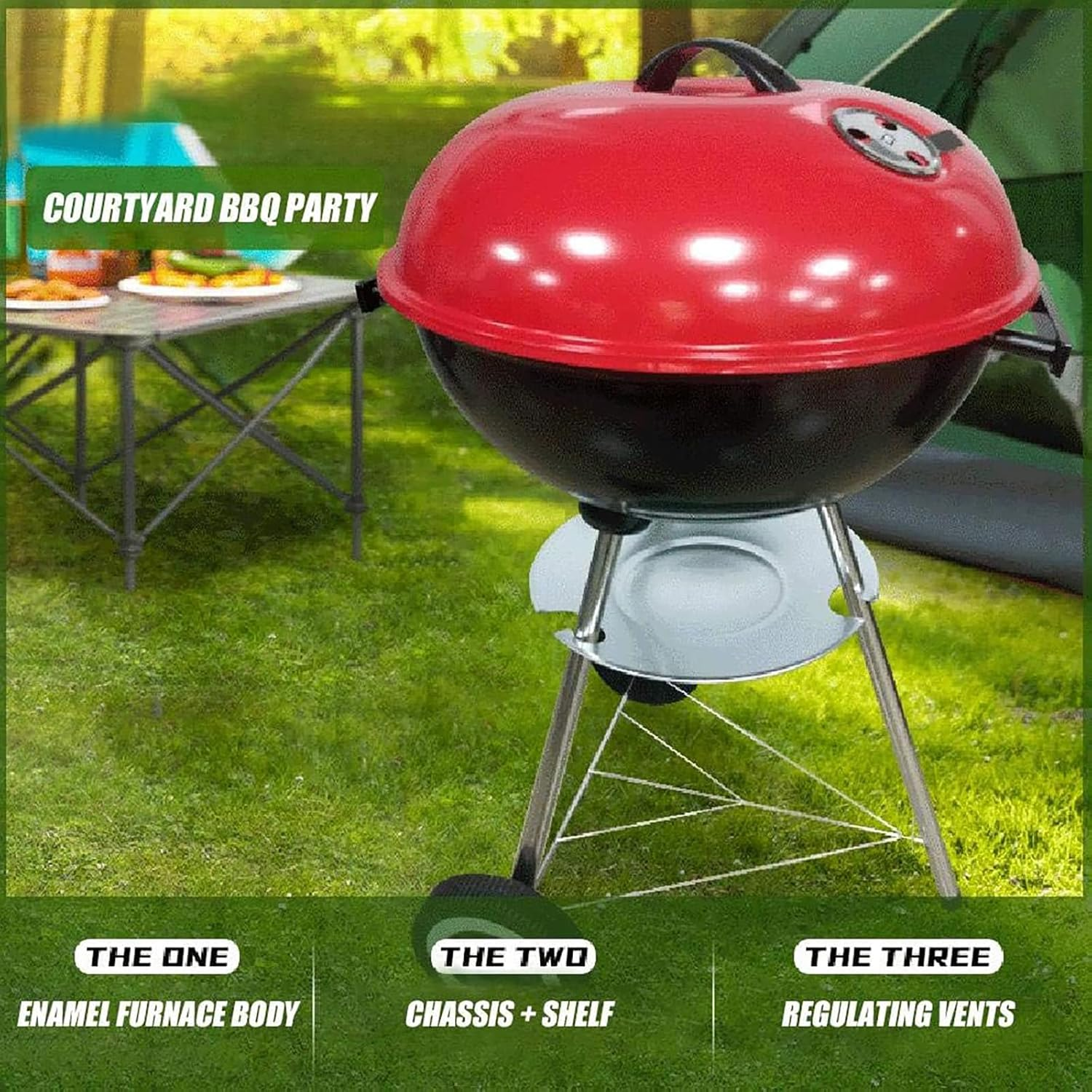 Charcoal Grill with Wheels and Storage Holder, Stainless Steel Portable BBQ Grill for Camping, Picnic, Barbecue, Party, Outdoor Activities,Red (BBQ Grill) image number 1