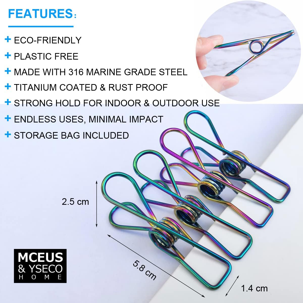 MCEUS Rainbow Colored Clothes Pegs 316 Marine Grade Stainless Steel Wire Clothes Pins Laundry Clips, 30 Pack with Storage Bag, Strong Clamp Metal Laundry Pegs for Hanging Clothes, Outdoor Clothesline image number 3