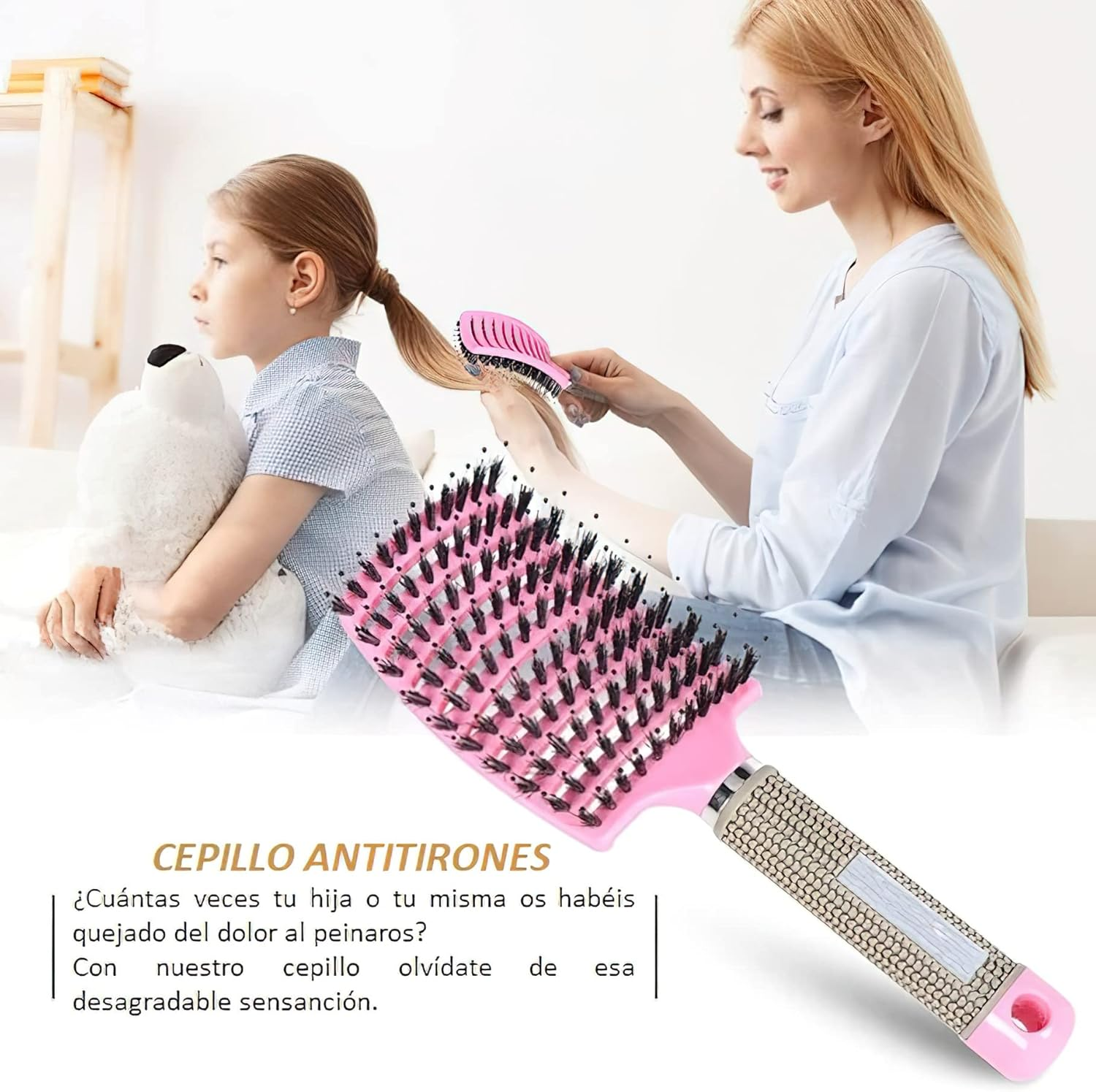 Hair Brush + 5 Scrunchies - anti Pull - Massage Effect - Detangling Comb - Jabali Bristles - All Hair Types (Pink) image number 5