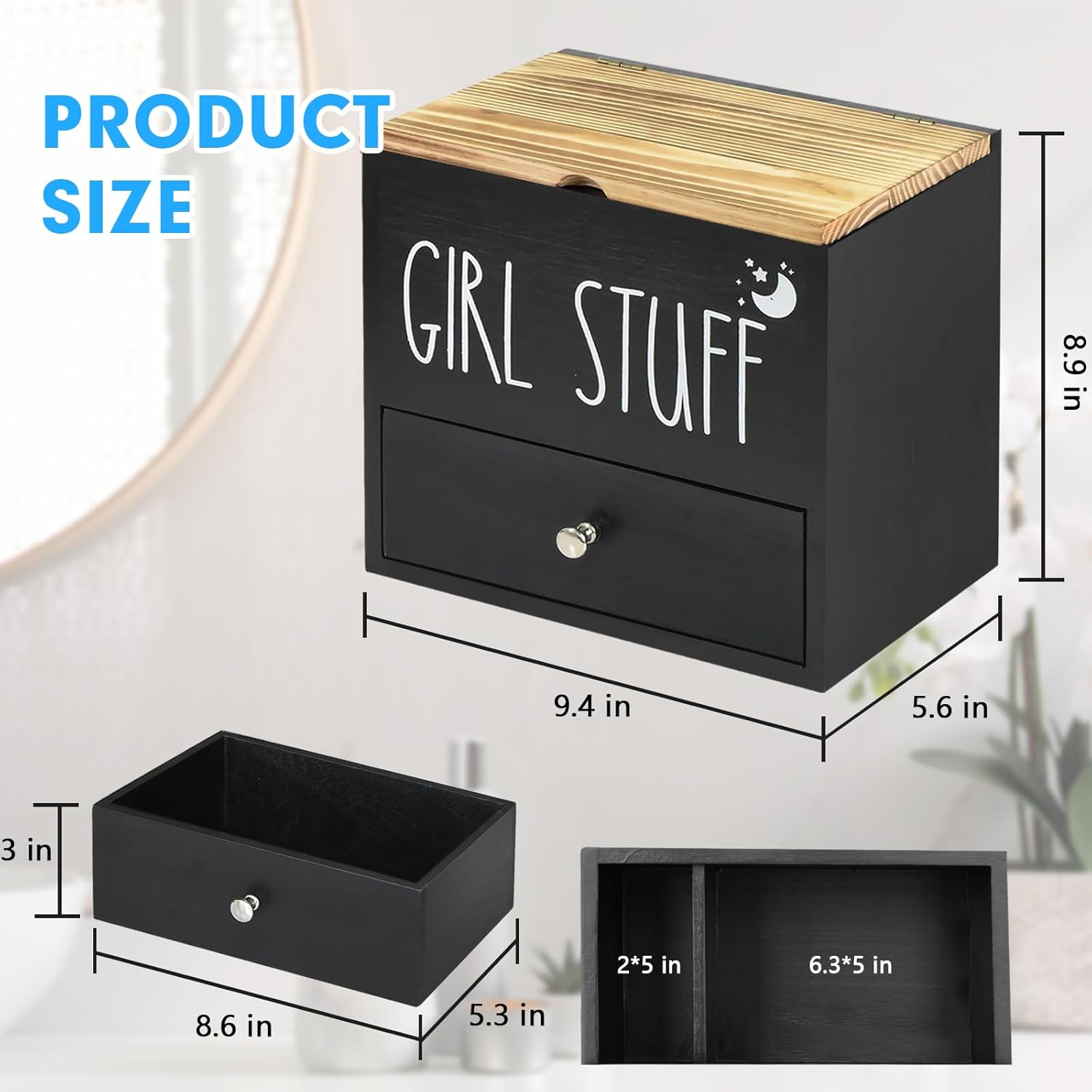 Tampon Holder for Bathroom Decor and Storage, Wood Feminine Product Organizer with Drawer and Lid, Pad and Tampon Organizer Bathroom Accessories Box for Tampon Storage, Black Cotton Ball/Swab Holder