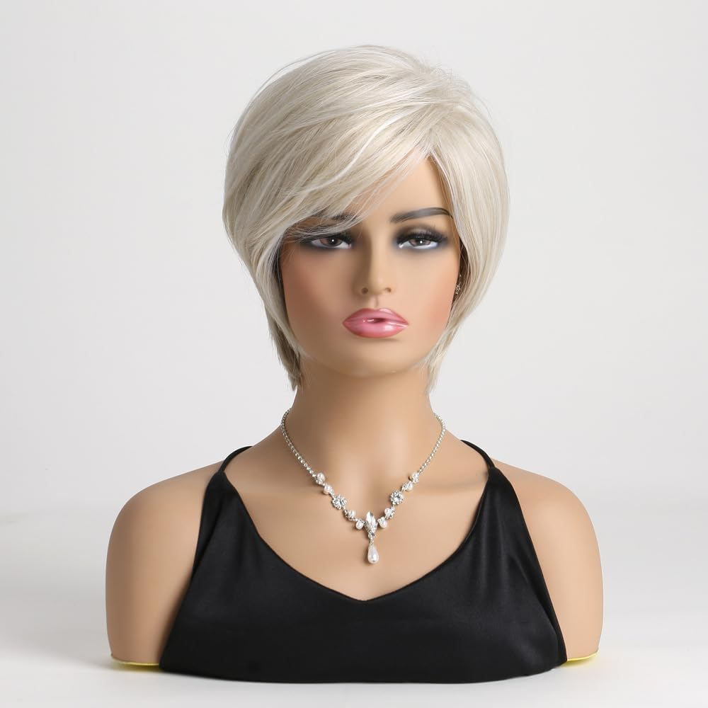 AUBWIG Light Blonde Short Wigs Classic Short Bob Natural Short Straight Wig with Fringe Multilayer Heat Resistant Synthetic Wigs (Light Blonde) image number 1