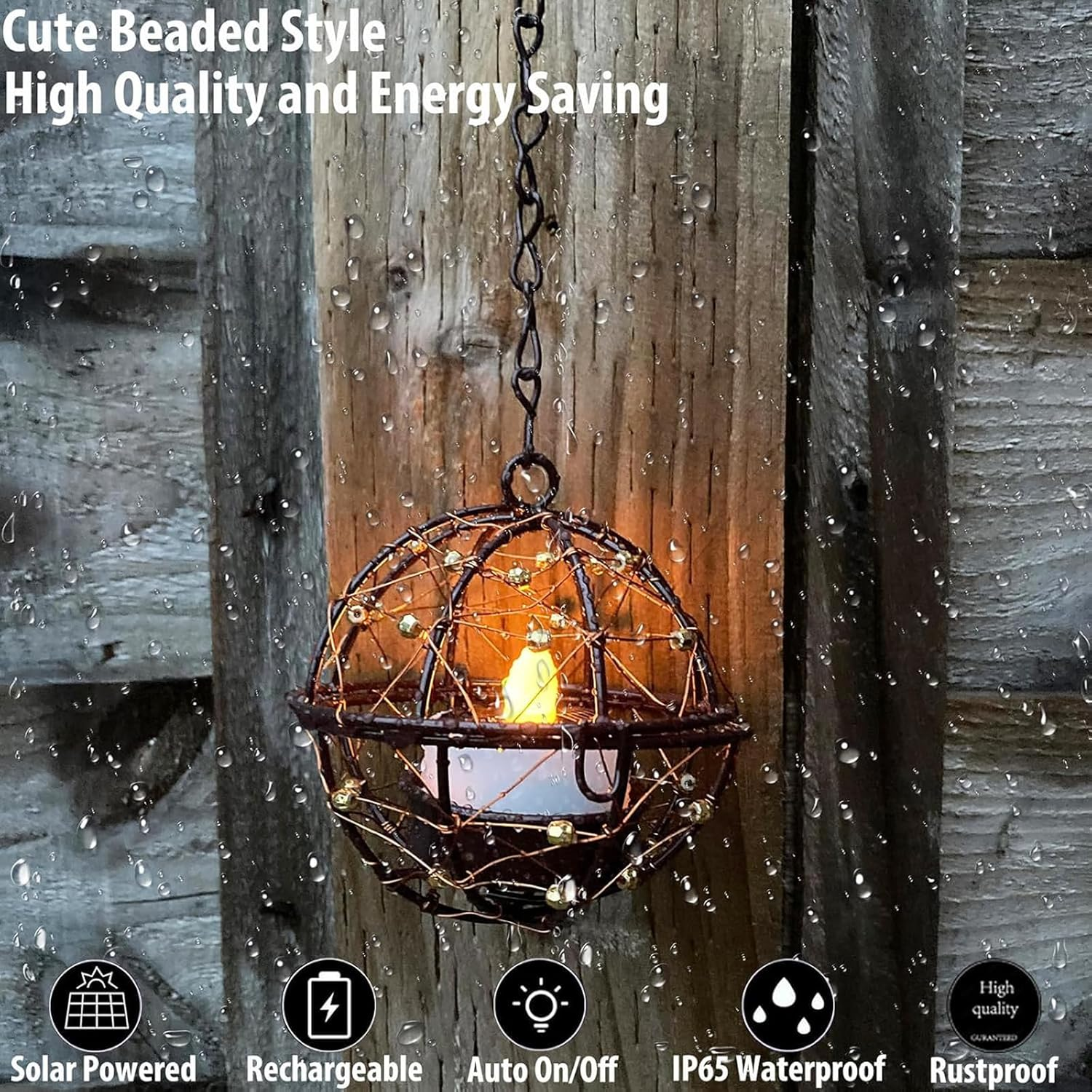 Outdoor Solar Hanging Lanterns Waterproof, Globe Hanging Candle Holder with Flickering Solar Powered Tea Lights, Chargeable Chandelier Light for Backyard Patio Garden Fence Tree Decoration-4Pack