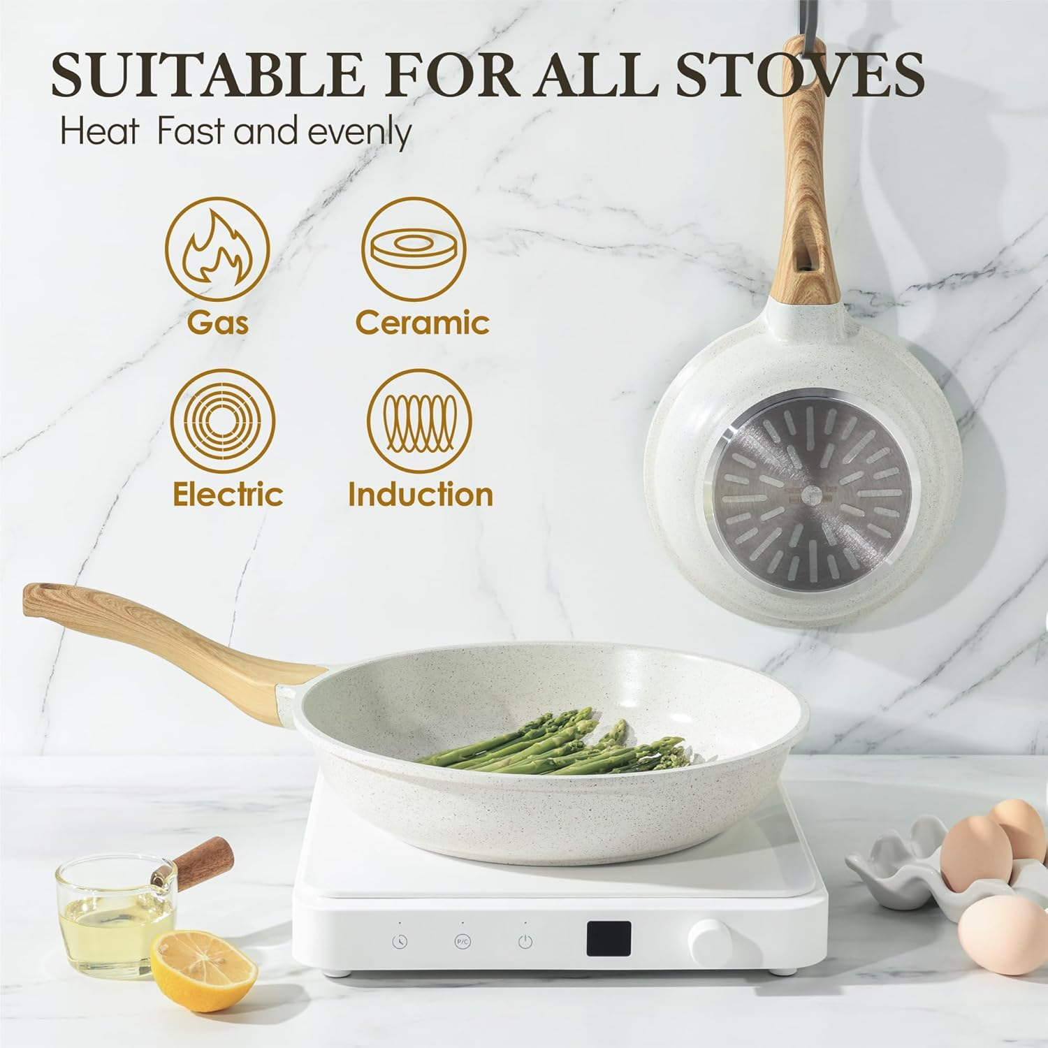 SENSARTE White Ceramic 28 Cm Non-Stick Skillet Frying Pan, Swiss Granite Coating Omelette Pan, Healthy Stone Cookware, Chef'S Pan, Gas Stove and Induction Compatible