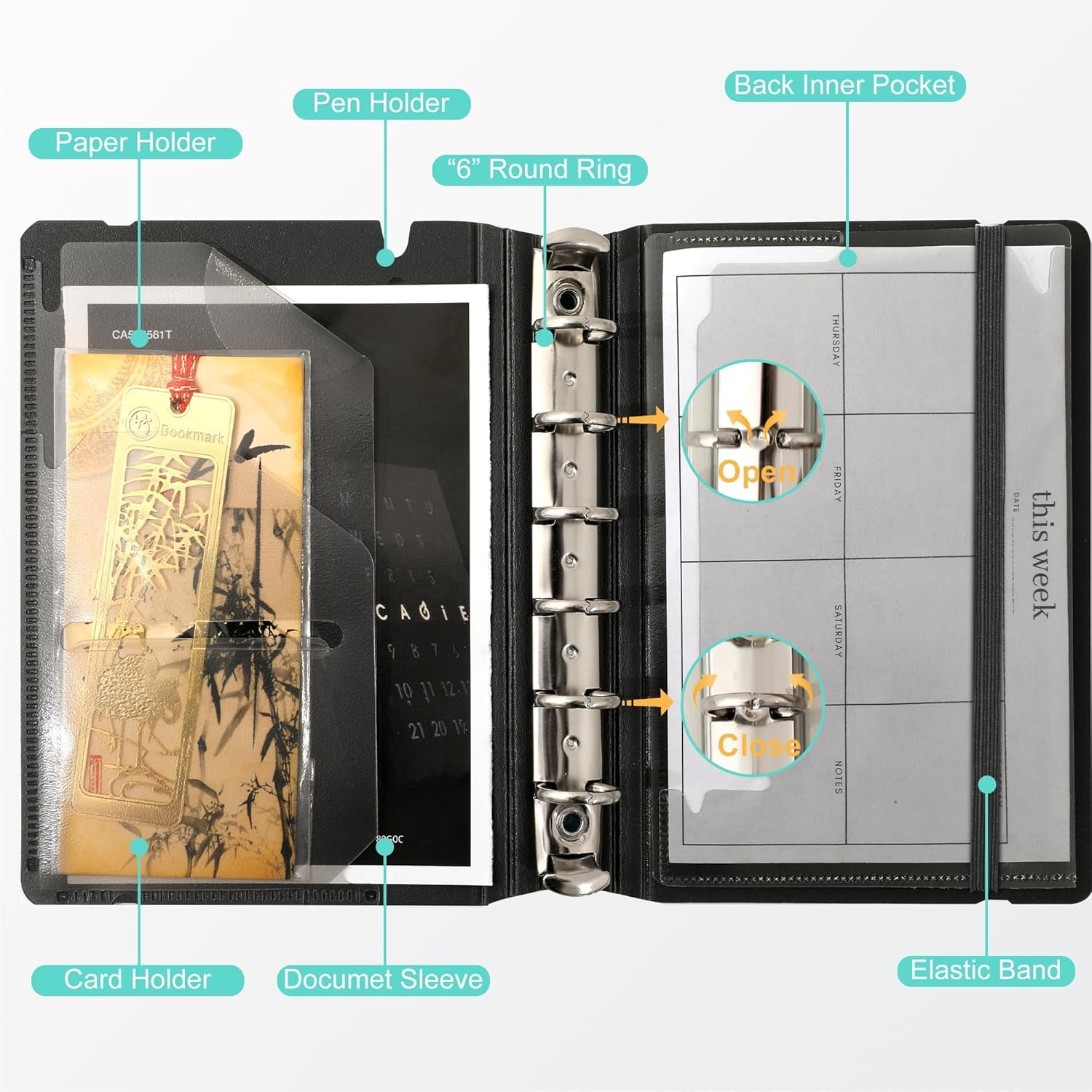 CAGIE A7 Small Binder Notebook with Removable Pages Hardcover Spiral Refillable Mini Binder Notebooks for Note Taking Pocket Notebook with Planning Square Ruled & Dotted Ruled Pages 4X5.7 Inch, Grey image number 6