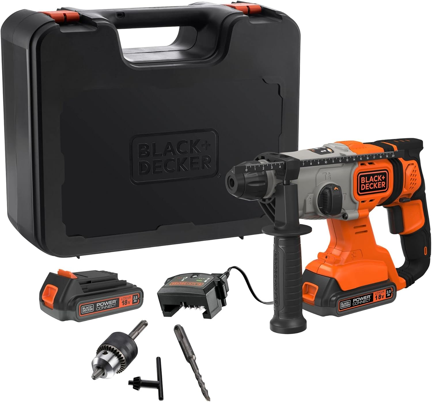 Black+Decker 18 V Sds-Plus Cordless Combination Hammer (1.2 Joules, for Effective Drilling, Impact Drilling and Light Chiseling, LED Work Light, Includes 2X Batteries, Charger, Case, 1X 6 Mm Drill) image number 2
