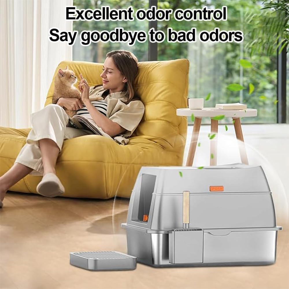 XXL Stainless Steel Cat Litter Box with Lid, Enclosed Metal Kitty Toilet, Front Entry & Top Exit, Scoop & Mat Included, Leak-Proof, Easy Clean image number 3