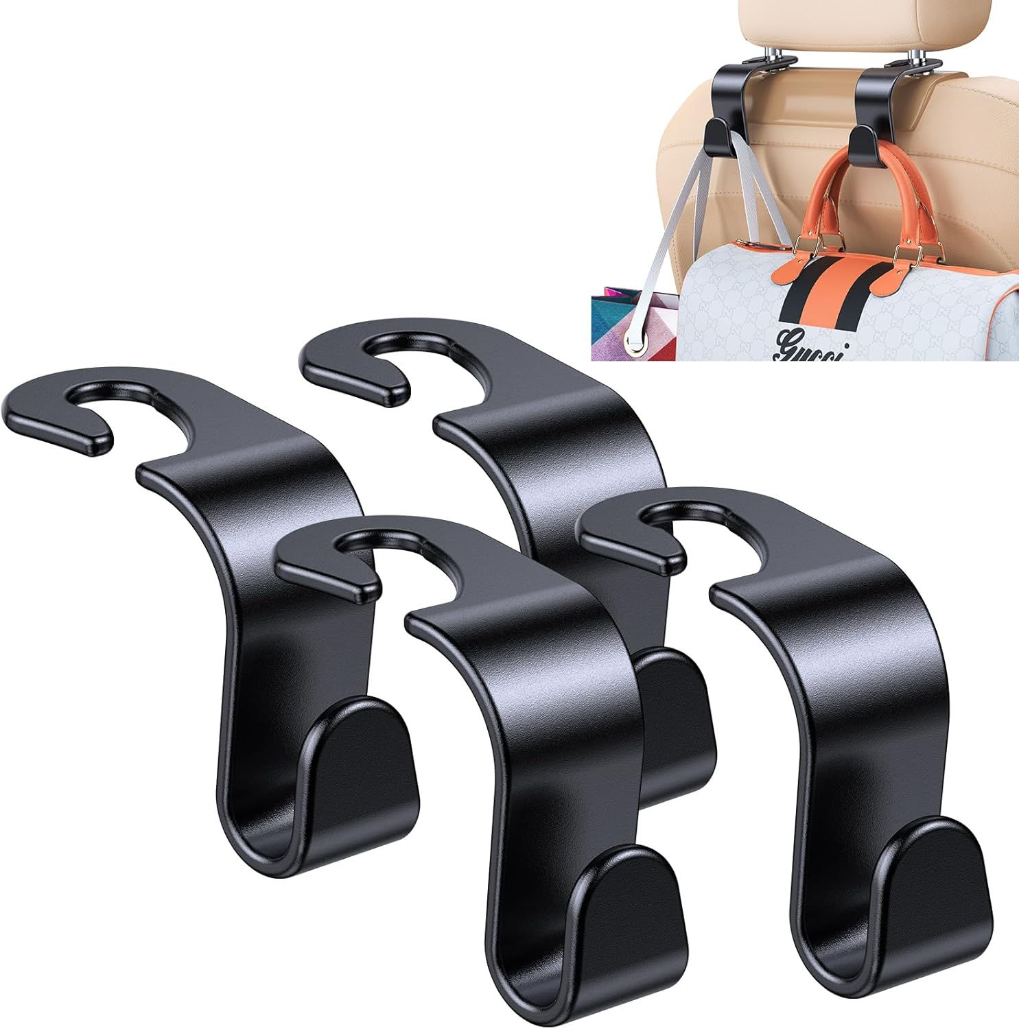 4 Pack Car Seat Headrest Hook, Headrest Hooks for Car, Hanger Storage Organizer Universal for Car Handbag Clothes Purse Coat, Car Interior Accessories (Black S Type) image number 5