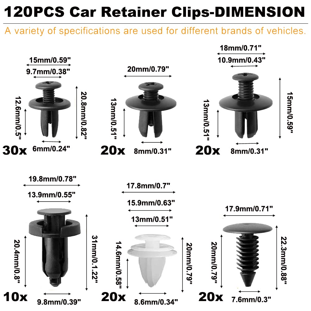 125PCS-6 Types Universal Car Retainer Clips Door Trim Panel Molding Clips Push Pins Bumper Fender Fasteners Rivets Removal Tools Assortment Kit image number 2