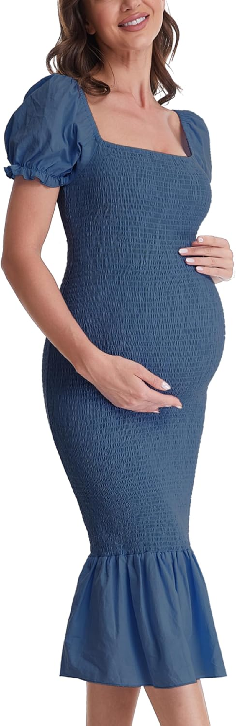 Maternity Summer Midi Bodycon Dresses, Short Puff Sleeve Square Neck Ruffle Hem Mermaid Baby Shower Dress, Lake Blue, Small image number 4