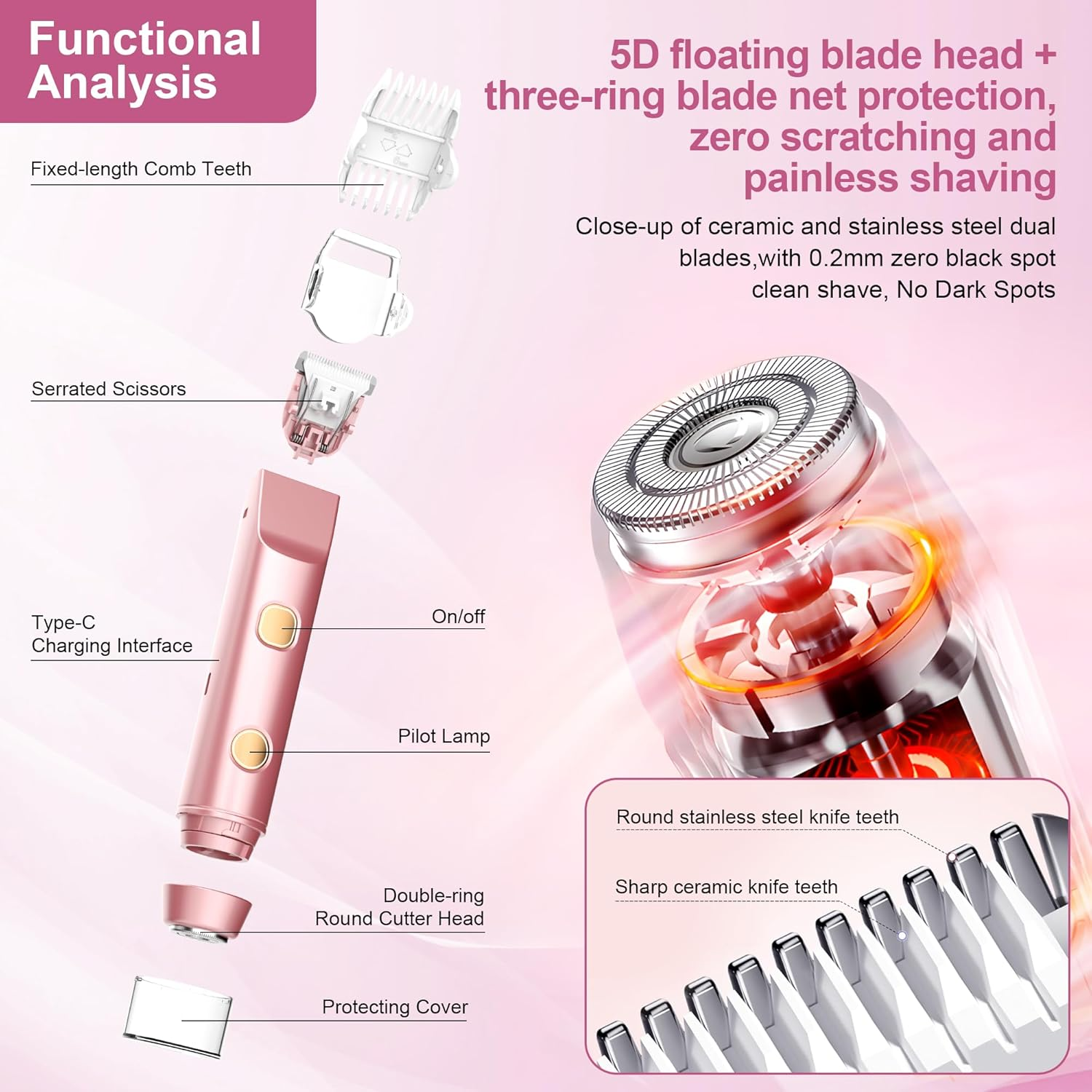 Quokkachic Bikini Shaver, Electric Womens Shaver, 2-In-1 Double Head, IPX7 Waterproof, Wet/Dry Razor for Bikini Underarms Legs Arms Body Face (Rose Gold) image number 3