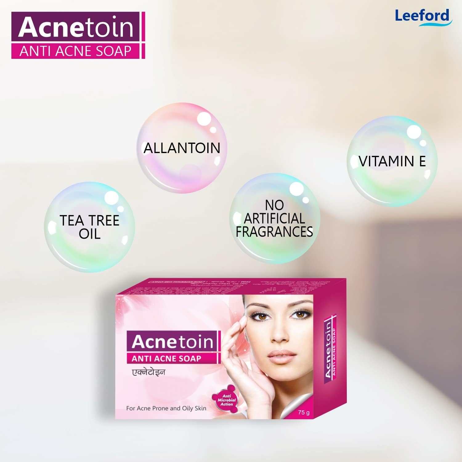 Leeford Women'S Acnetoin anti Acne Bathing Soap Bar Combo Pack - Enriched with Tea Tree Oil & Vitamin E | (75G Each Each) (Pack of 4) image number 4