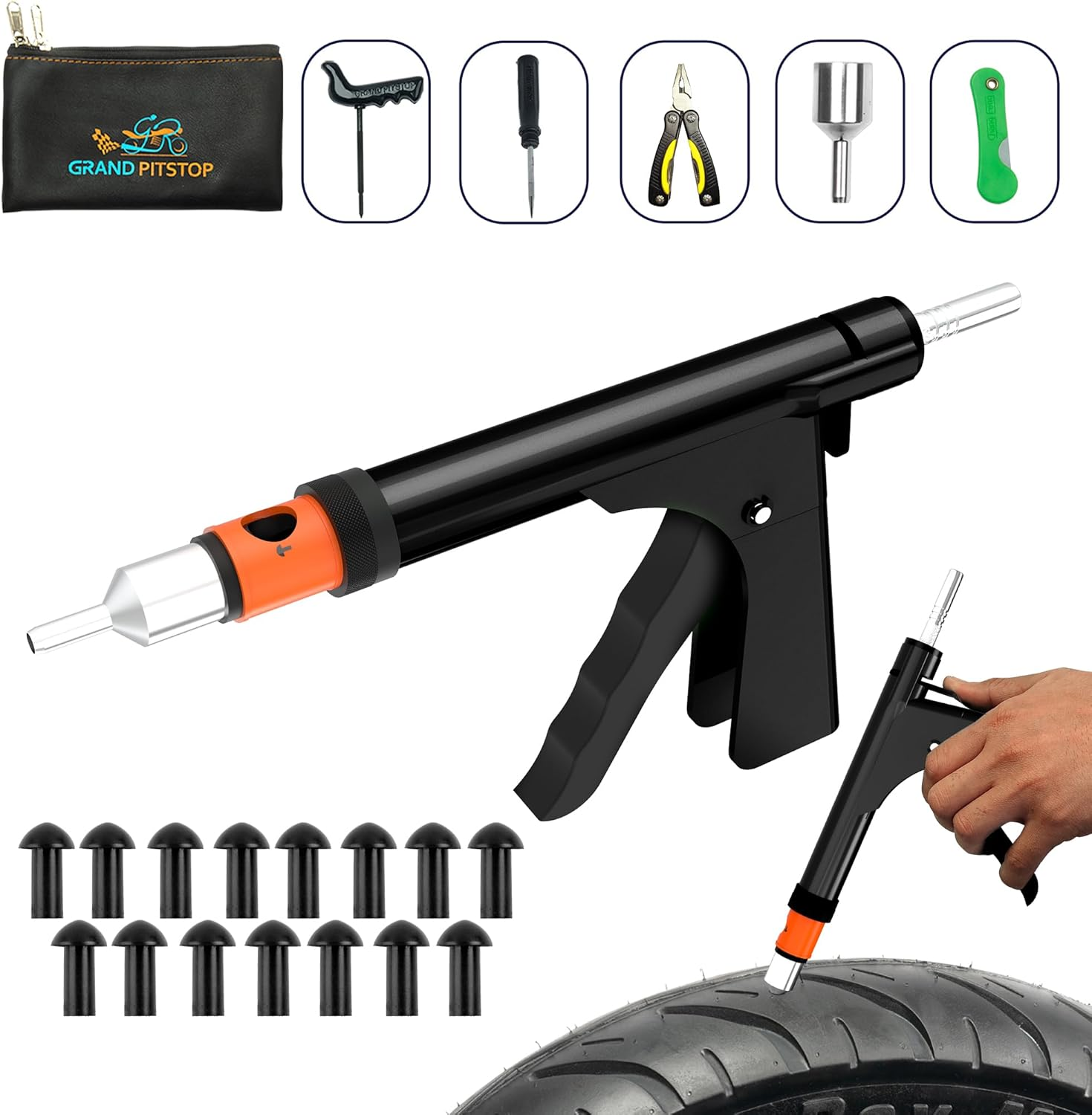 GRAND PITSTOP Tubeless Tire Gun Puncture Repair Kit with Mushroom Plug for Tyre Punctures and Flats on Cars, Motorcycles, ATV, Trucks & Tractors (Gun Puncture Kit with Hole 15 Plugs, Black) image number 3