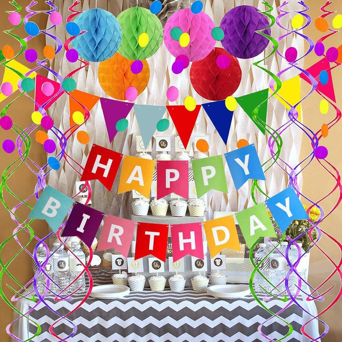 Happy Birthday Banner, Party Decoration, Rainbow Birthday Banner, Birthday Party Decorations Party Supplies, 6 Honeycomb Balls, 8 Metallic Hanging Swirls and Circle Parper Garland image number 2