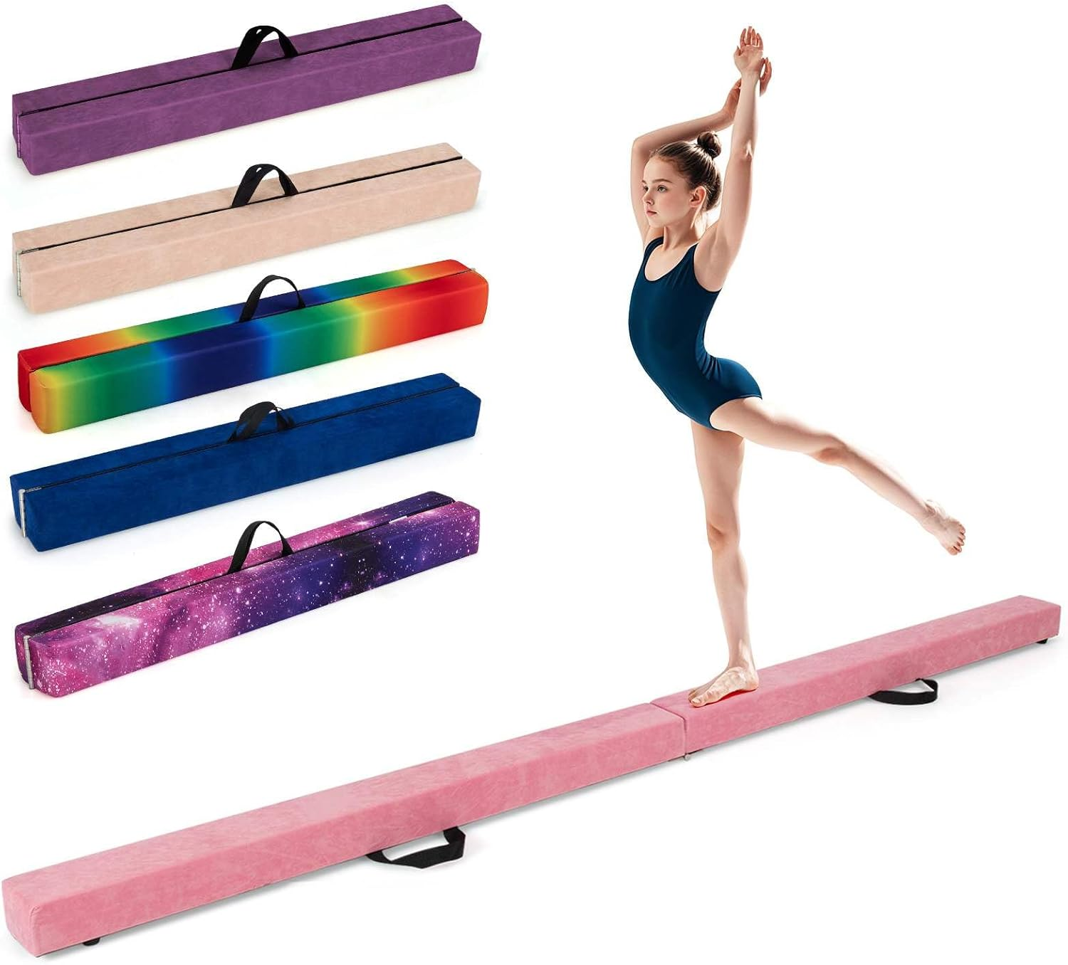 Costway Folding Balance Beam, Portable Gymnastic Beam W/Solid Wood Base & Anti-Slip Bottom, Extra Firm Floor Gymnastics Equipment W/Carry Handle for Professional Home Training
