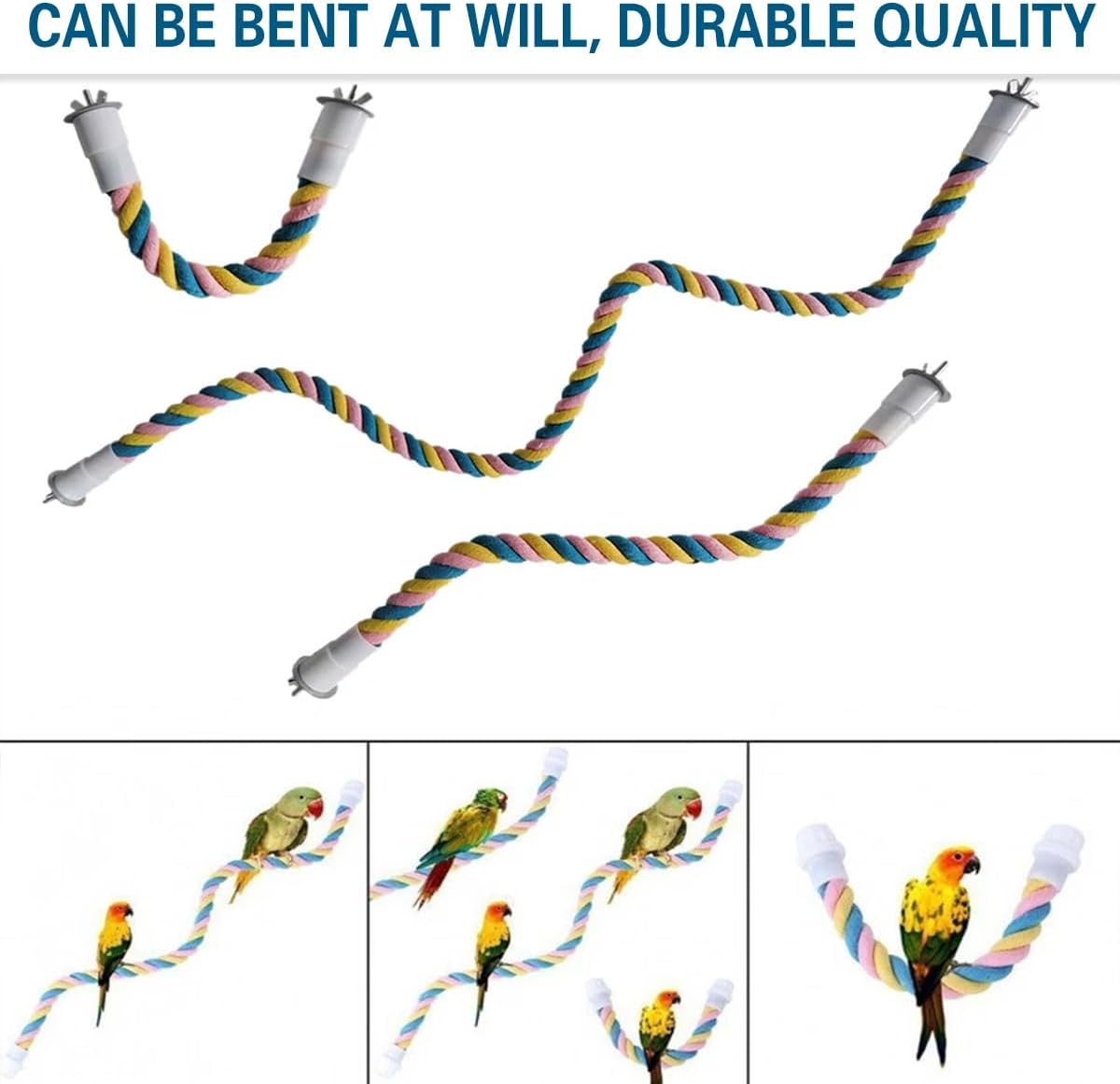 AIMALL U-Shaped Parrot Climbing Cotton Rope Bird Toy with Metal Screw Ends, Multicolour Bird Cage Stand Perch for Cockatiels Budgies Conures, 23.6In 31.5In 39.3In 47.2In Options image number 5