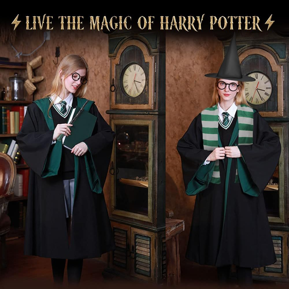 AUTOWT Unisex Wizard Cloak Costume Set for Adults, 6Pc Magician Wizarding Robe Outfits with Hooded Cape Magic Hat Wand Scarf Glasses Tie Movie Dress up Accessory for School Carnival Halloween Cosplay image number 3