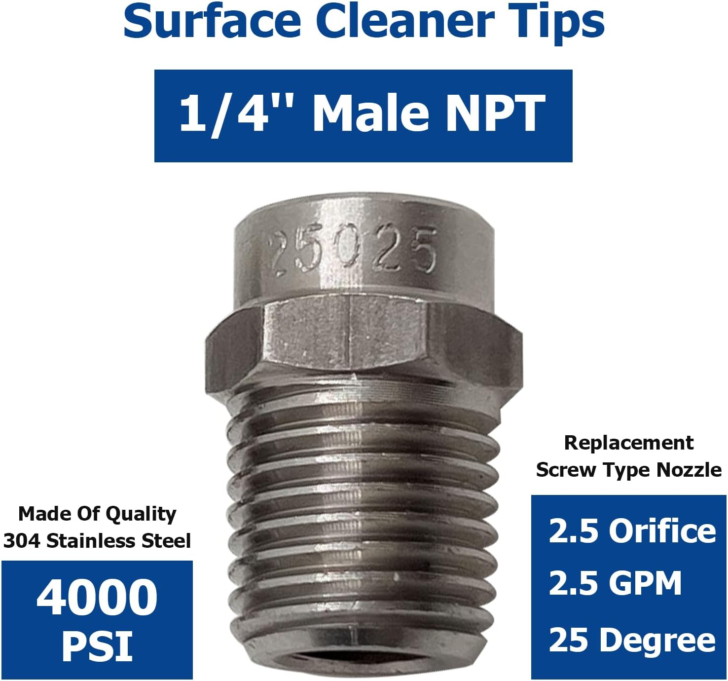 SOLIVEDE 25025 Surface Cleaner Tips for Pressure Washer Nozzles with 2.5 Orifice, 4000 PSI, 1/4'' Male NPT, Stainless Steel (8 Pack) image number 3