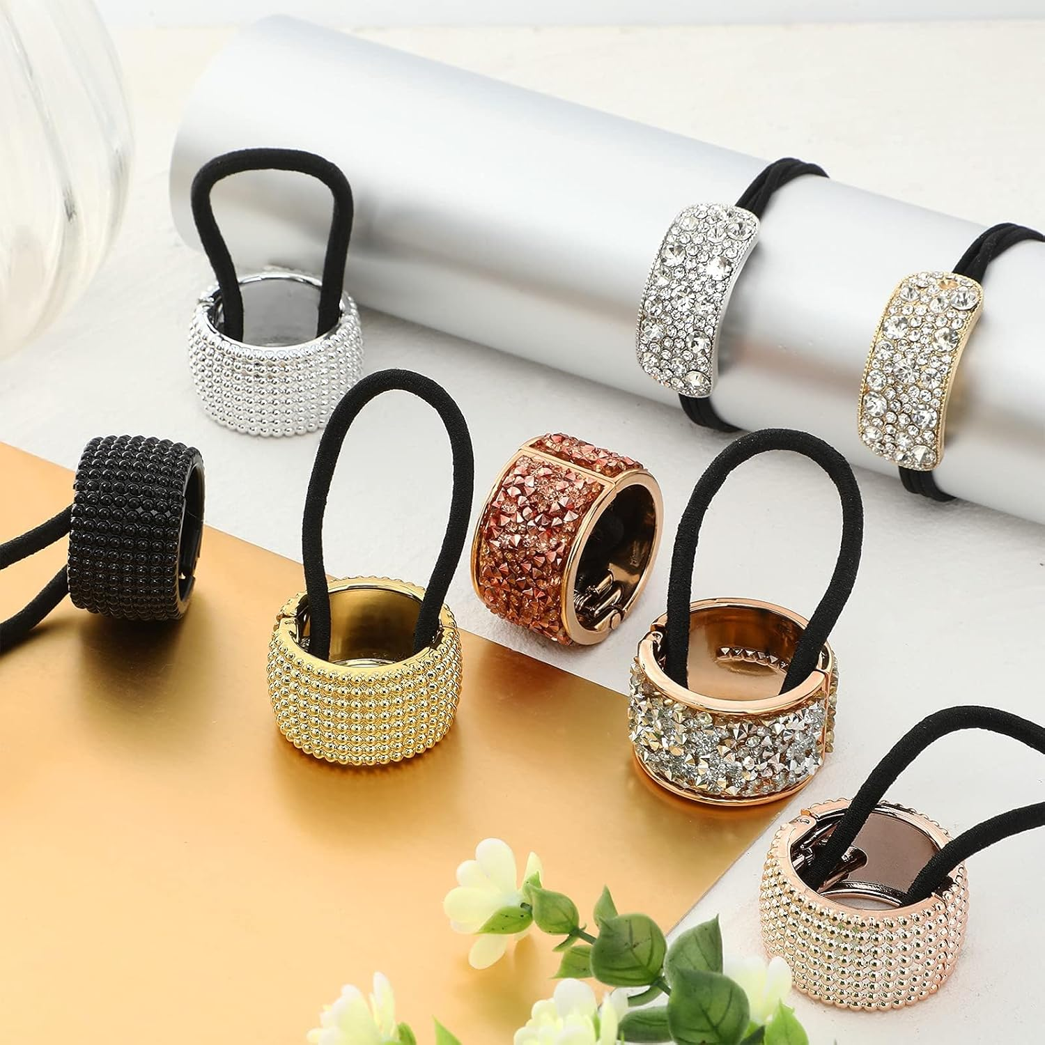Ceeyoll Pack of 6 Hair Bobbles Hair Pins for Women with Rhinestones Decorated Metal Ponytail Holder Exquisite Hair Accessories Hair Bobbles Headwear for Women and Girls image number 2