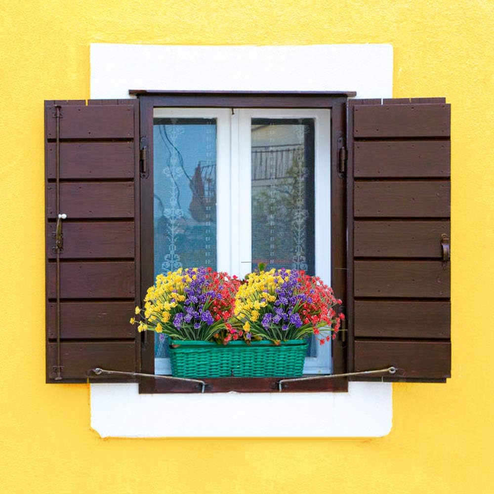 TELDRASSIL 9 Bundles Artificial Flowers Outdoor UV Resistant Fake Plastic Flowers Faux Plastic Shrubs for Indoor Outdoor Window Home Garden Decoration - Blue Purple Yellow image number 4