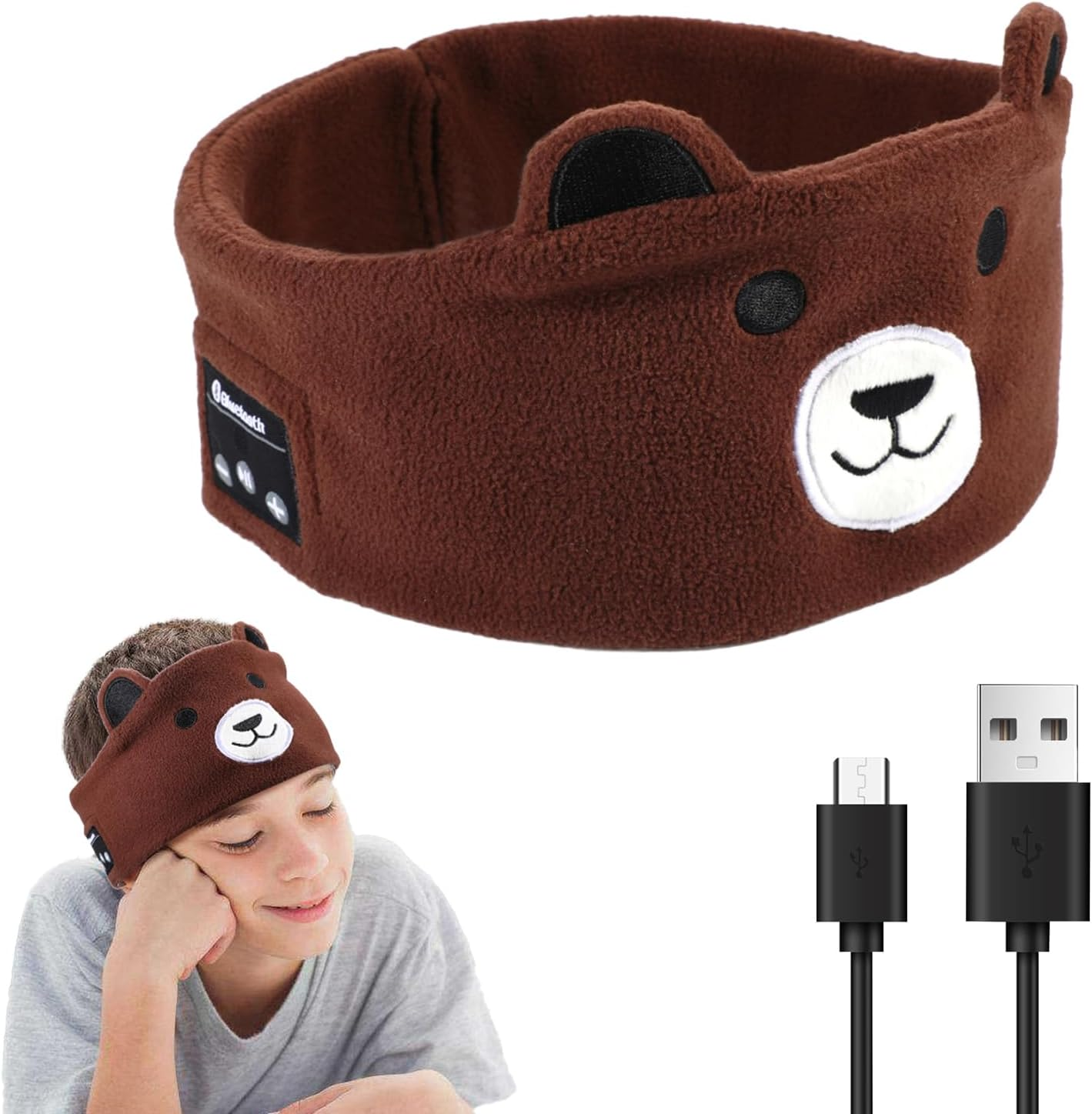 UOEPOWA Kids Headphone Headband, over the Ear Headband Headphones, Super Soft Toddler Headphones with Thin Speakers, Wireless Toddler Earphones Volume Limit to Protect Hearing (Bear)