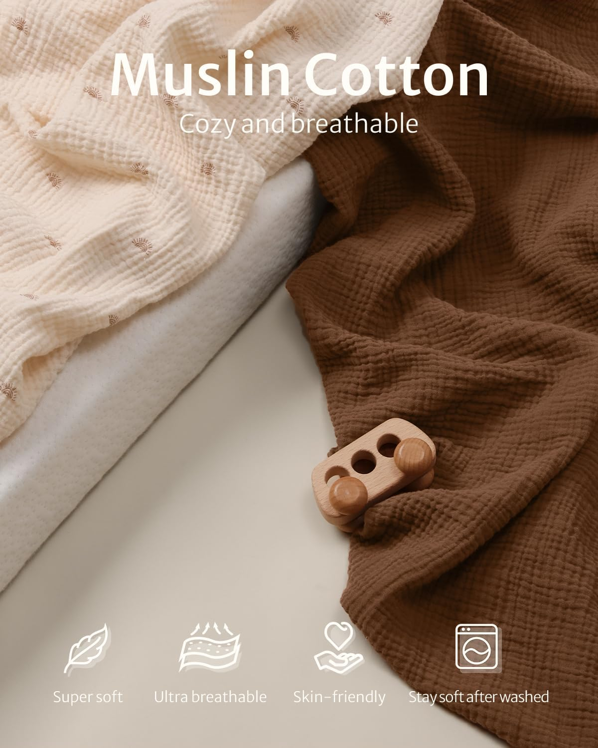 Blissful Diary Muslin Crib Sheets for Girls and Boys, 100% Cotton Boho Neutral Fitted Baby Sheet Standard Mattress & Toddler Bed (52''X28''), Soft Breathable 2 Pack (Sunshine&Brown) image number 5