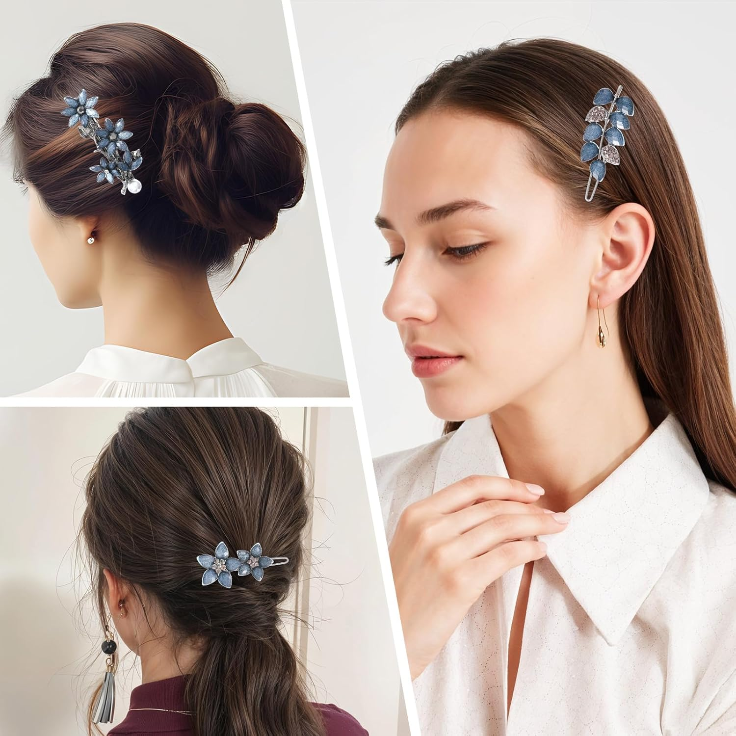 3 PCS Vintage Rhinestone Hair Clips, 2 Inch Ink-Blue Sparkly Crystal Flower Small Hair Barrettes Fancy Decorative Hairpin Wedding Hairs Accessories for Women Girls Bride Engagement Prom Valentines image number 4