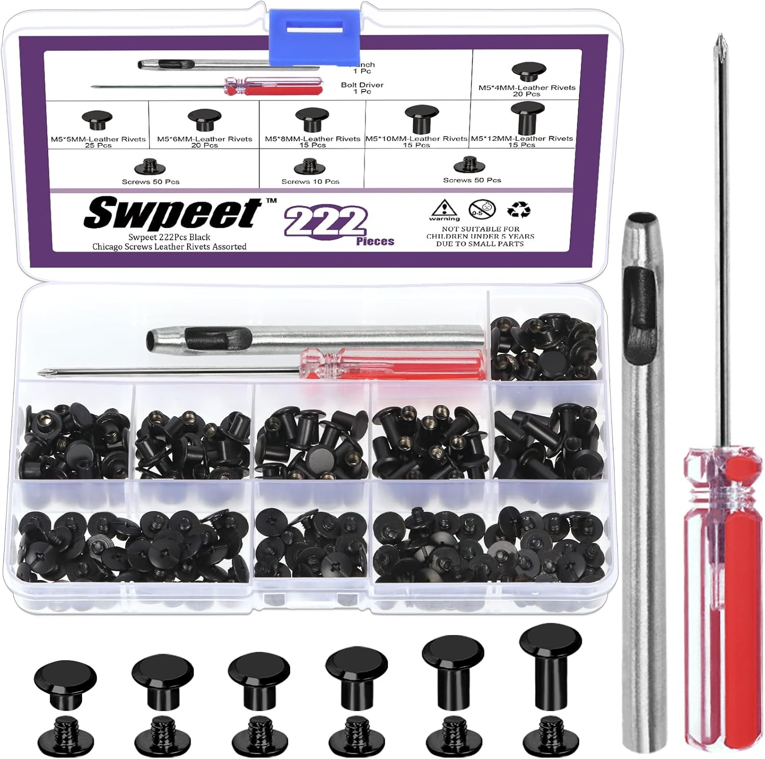 Swpeet 110 Set 6 Sizes M5 X 4Mm/5Mm/6Mm/8Mm/10Mm/12Mm Gold Leather Rivets Chicago Binding Screws with Install Tools Assortment Kit, Screw Rivets M5 Chicago Binding Screws for Repair Leather