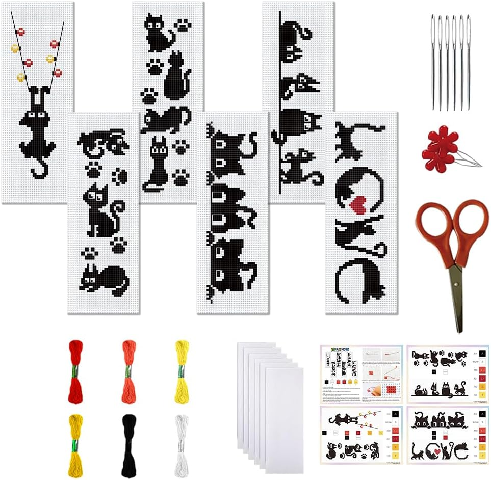 FREEBLOSS 6 Set Cross Stitch Bookmark Kit Stamped Cross Stitch Kit Black Cat Embroidery Set with Instruction for Adults 6X20Cm