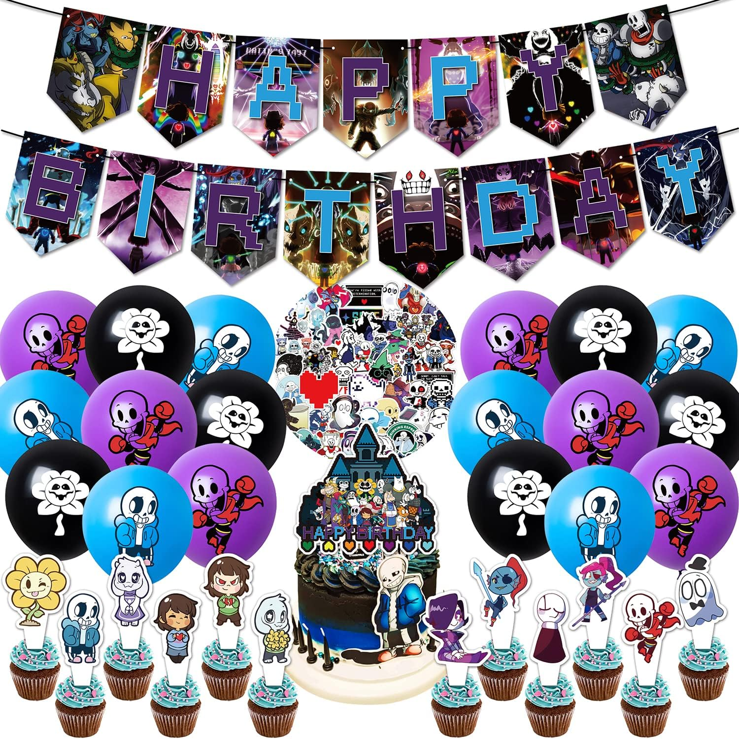 82 Pcs Undertale Birthday Party Supplies, Including Cake Caps, Cupcake Caps, Flags, Latex Balloons, It Is Very Suitable for Boy'S and Girl Themed Birthday Party Supplies.