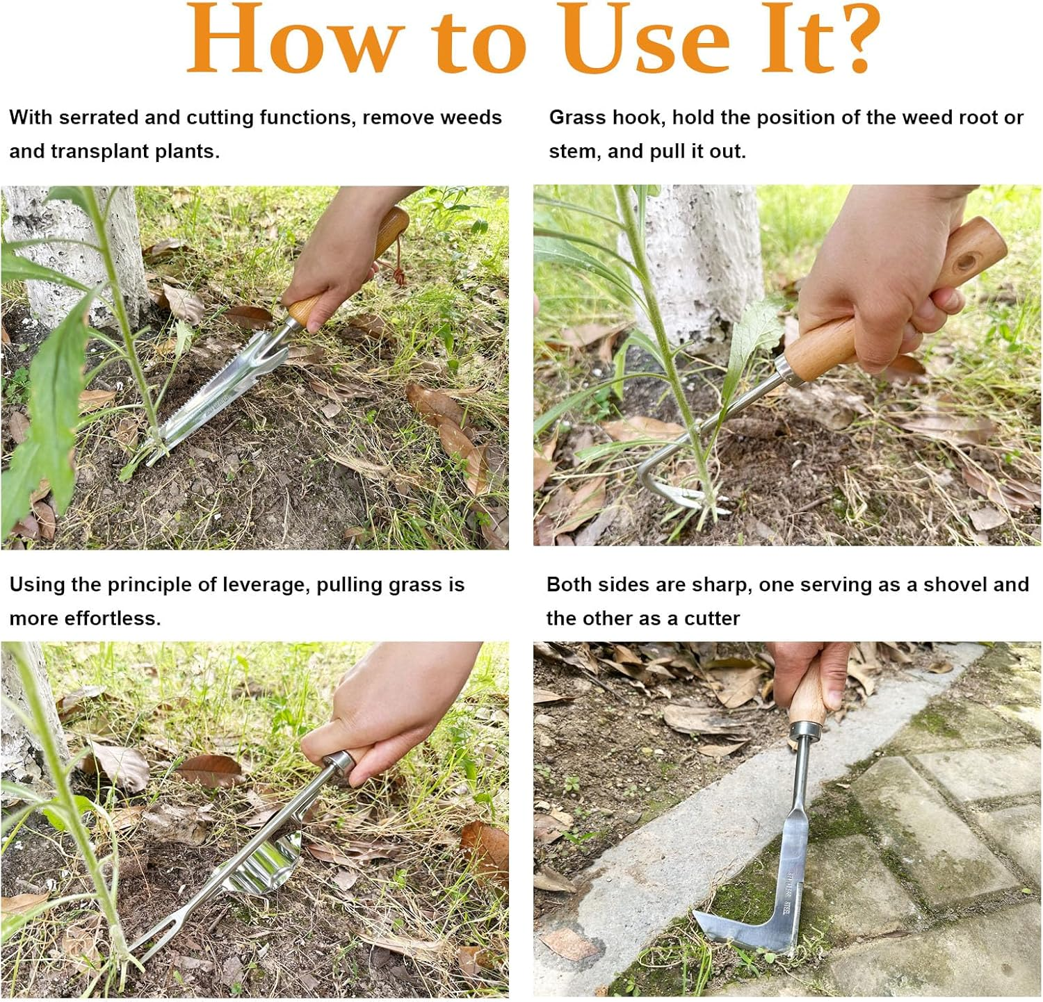 Shgarden Weed Puller Tool 4Pcs Crack Weeder Crevice Weeding Tool Stainless Steel Manual Weeder Paver Multifunctional Garden Crack Hand Weed Remover with Wooden Handle for Lawn Garden SH0082 image number 6