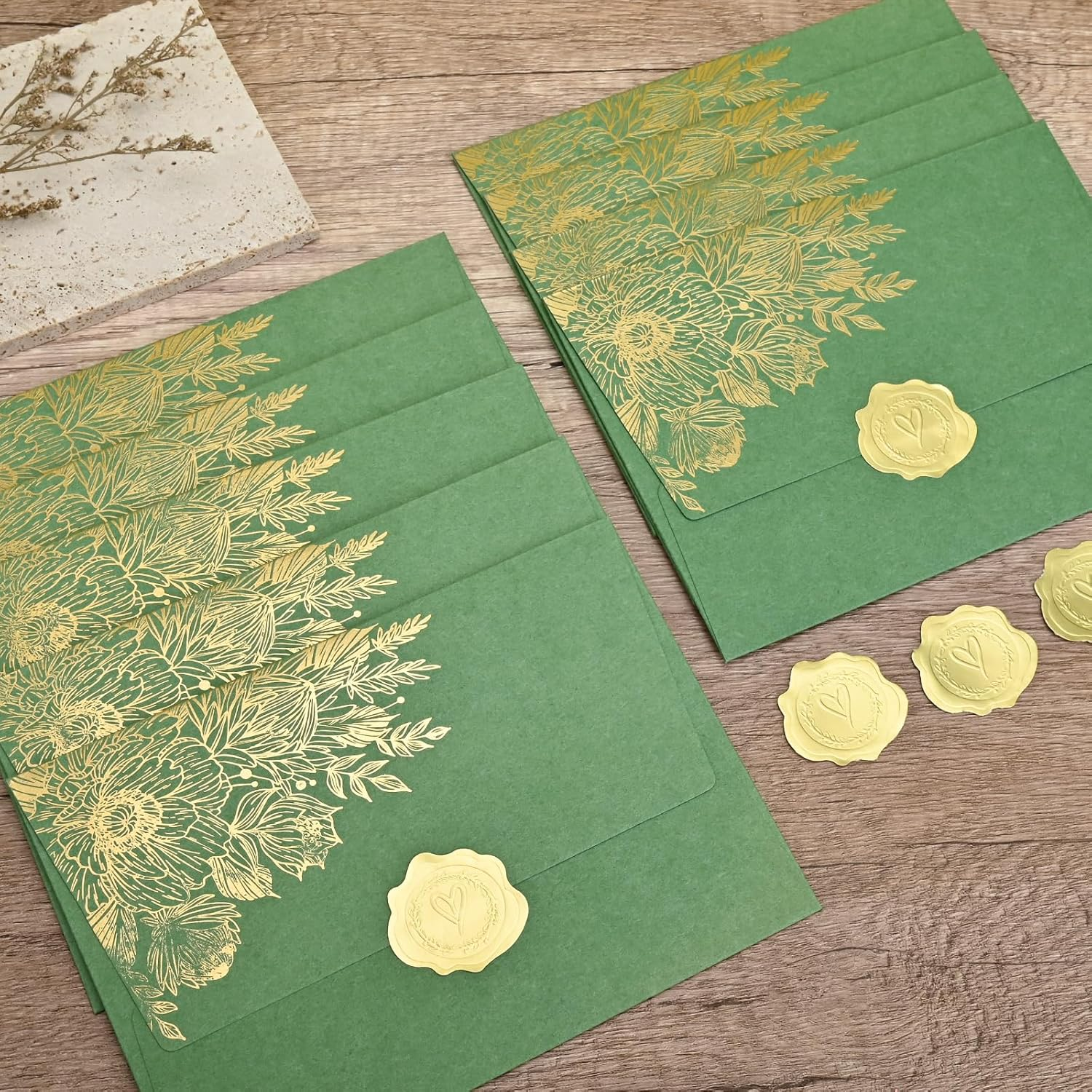 BAYTORY 10 Packs 4X6 Vintage Envelopes with Golden Flower Pattern, A6 Envelopes for Invitation, Greeting Card Envelope with Sealing Stickers for Weddings, Birthday, Graduation, Christmas (Green) image number 2