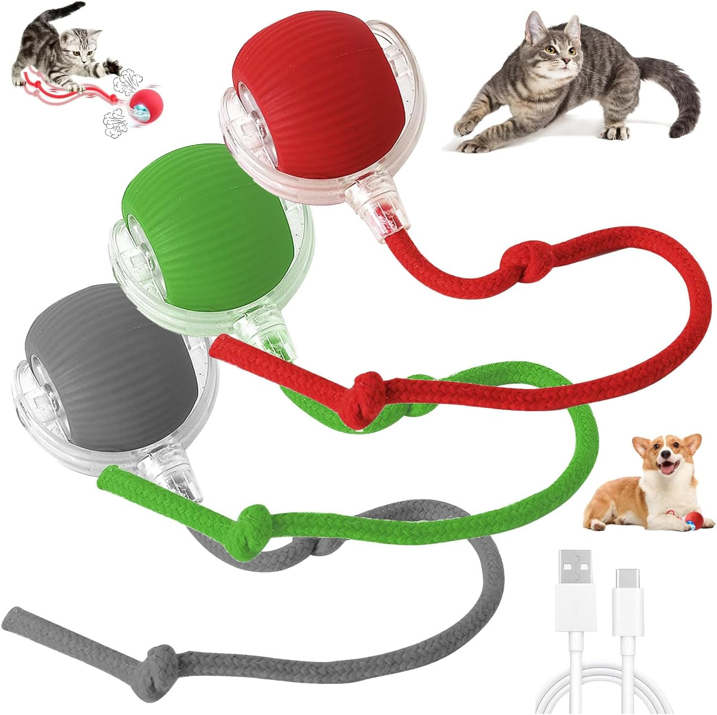 TKINRIC 3PCS New Interactive Rolling Cat Toy Ball,Interactive Cat Ball Toys for Indoor,360&deg; Smart Automatic Rolling Electric Dog Ball with USB Rechargeable(Red & Green & Gray) image number 1