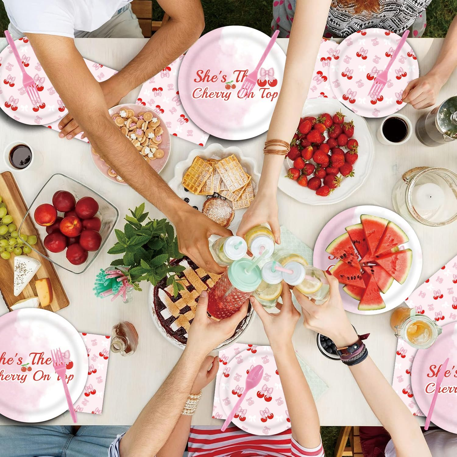 62PCS Cherry Tableware Plates Romance Red Cherry Banner Tableware Set Valentine'S Day Party Decorations Theme Dinner Disposable Paper Plates Napkins Cups Tablecloth Party Table Marry Memorial Decor