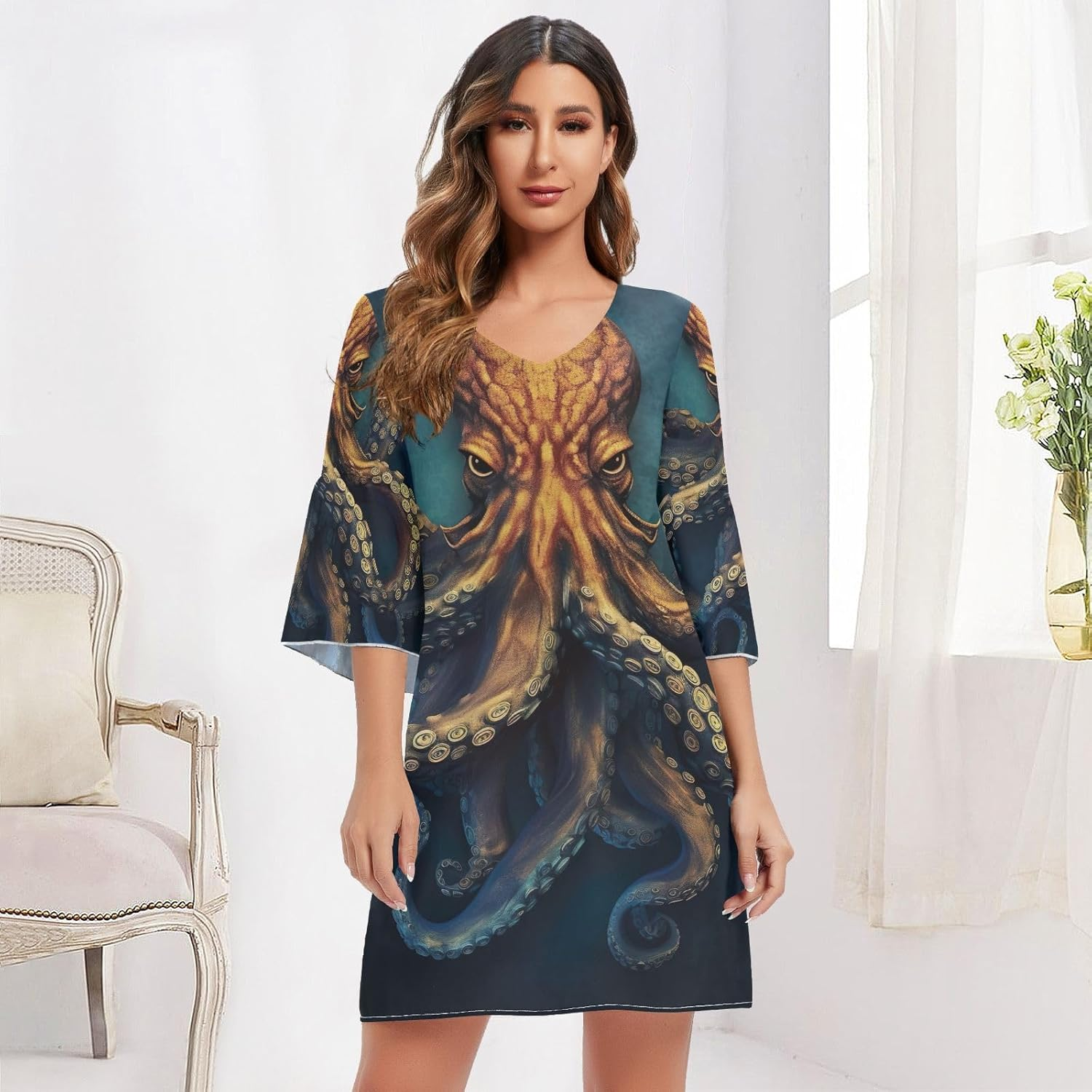 Angry Marine Life Chiffon Dress Printed Line Maternity Dress S-XXL image number 3