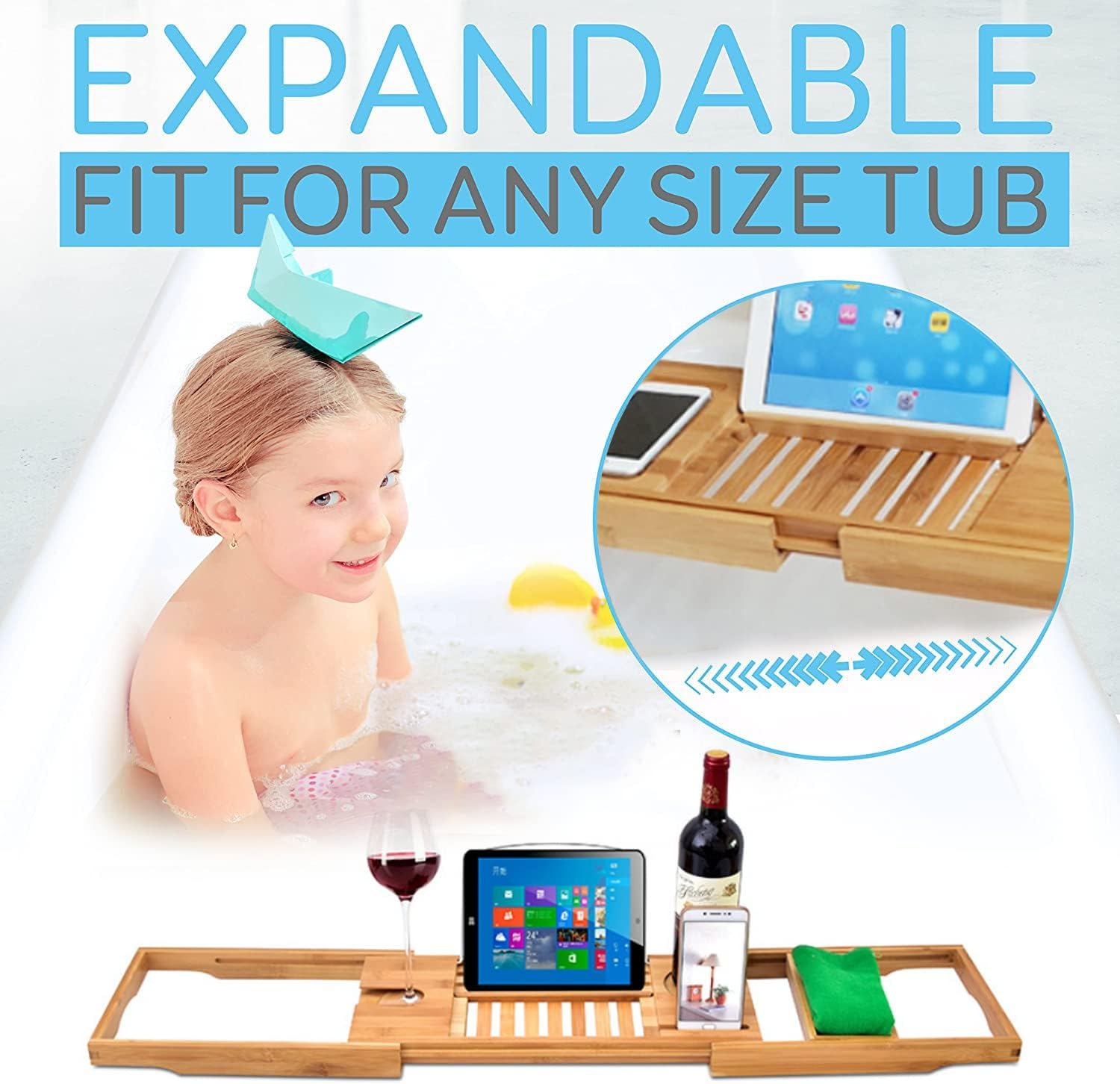 Bathtub Caddy Tray, 1 or 2 Person Bath and Bed Tray, Bath Tub Table Caddy with Extending Sides - for Tablet, Book, Phone, Wine Glass, Candles, and Soap image number 1
