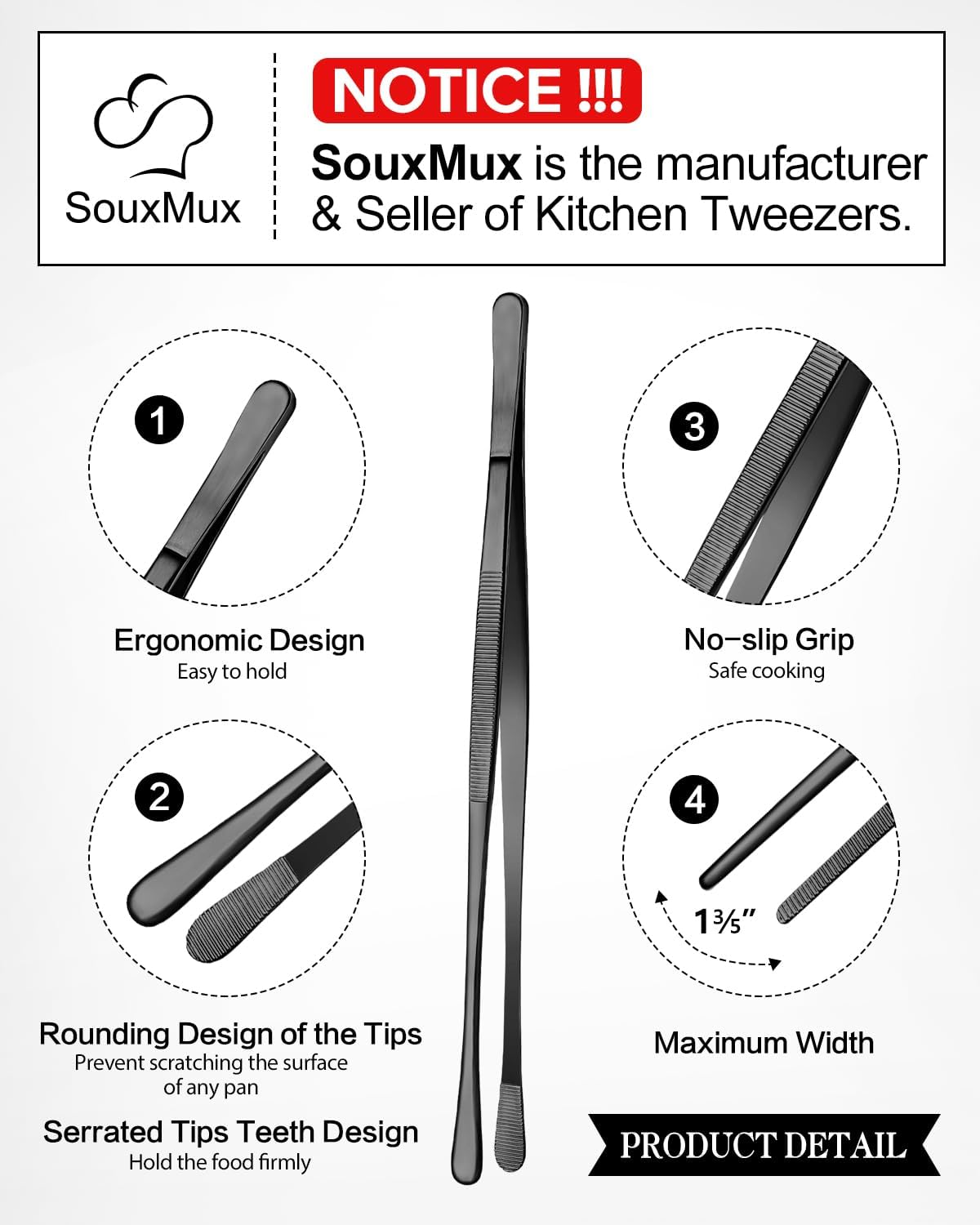 2 Pcs 12-Inch Cooking Tweezers Tongs Precision Serrated Tips, Stainless Steel Professional Chef Tweezer Kitchen Tools for BBQ, Plating and Serving (Black) image number 4