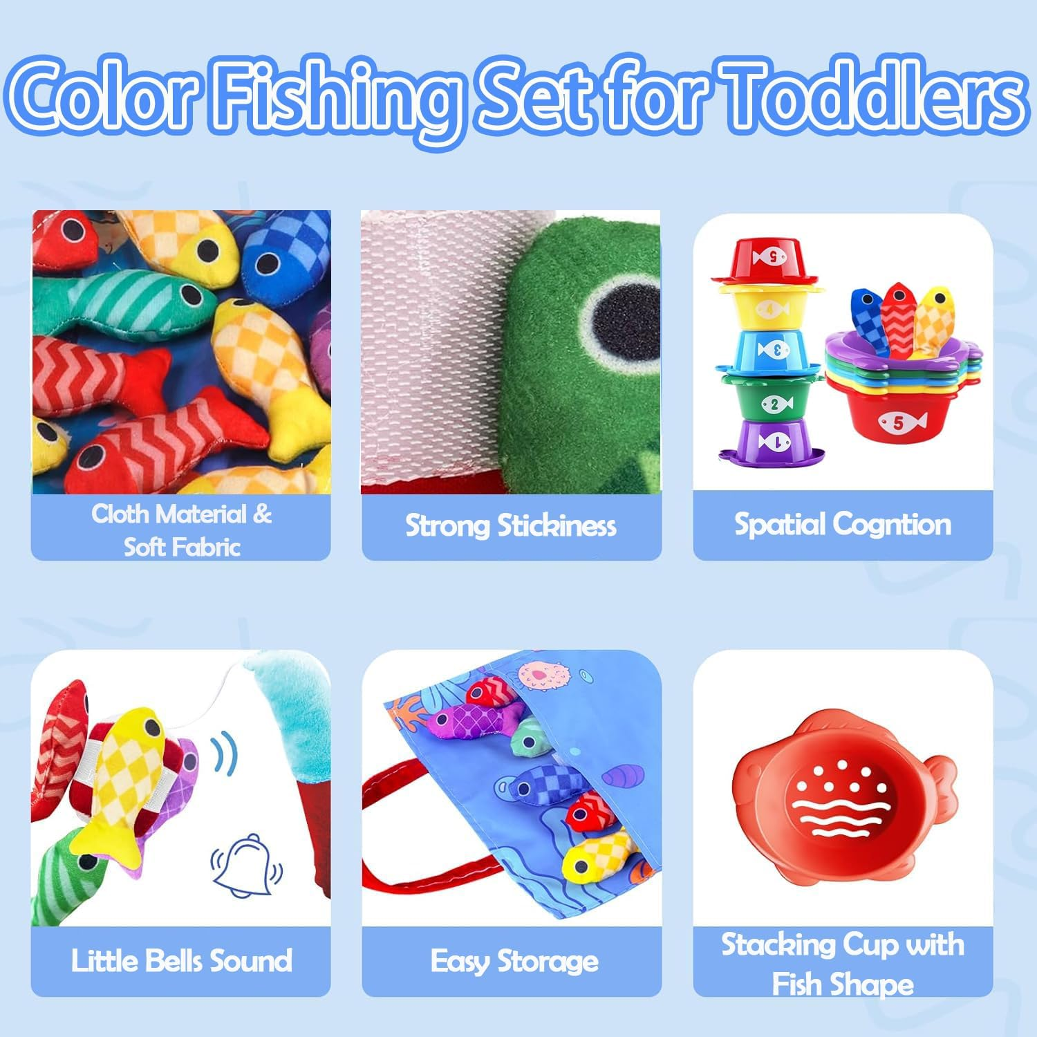 Montessori Toys for 1 Year Old Boy Girl, Cloth Fishing Game Baby Toys 6-12 12-18 Months, Toddlers'S Sensory Toy with Stacking Cups, Number Counting, Color Sorting image number 4