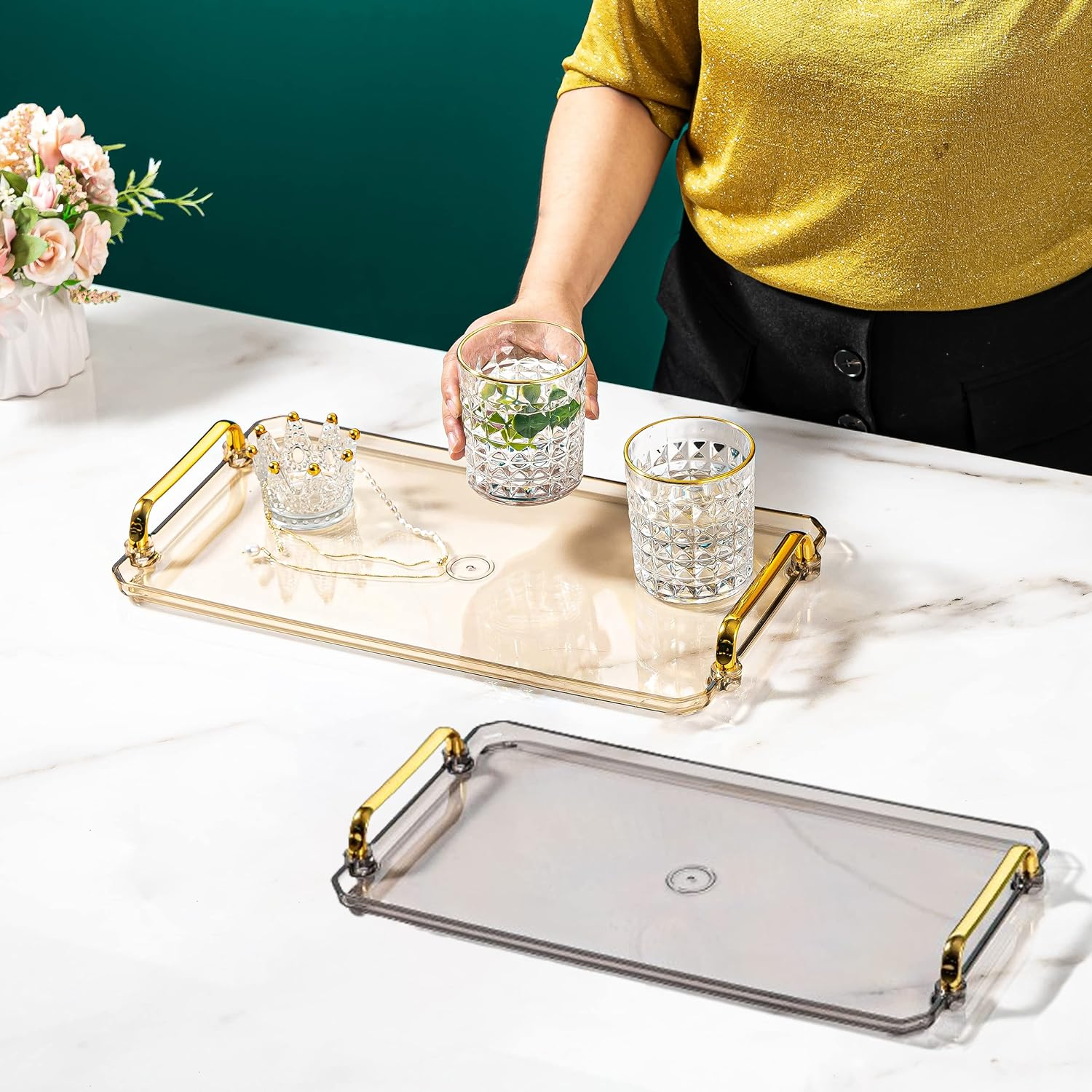 Acrylic Serving Tray with Handles Ottoman Countertop Decorative Tray Serving Tray Spill-Proof Tray for Coffee Table Living Room Bedroom 16 X 9 X 0.8 Inches - (Transparent Color) - Amber image number 6