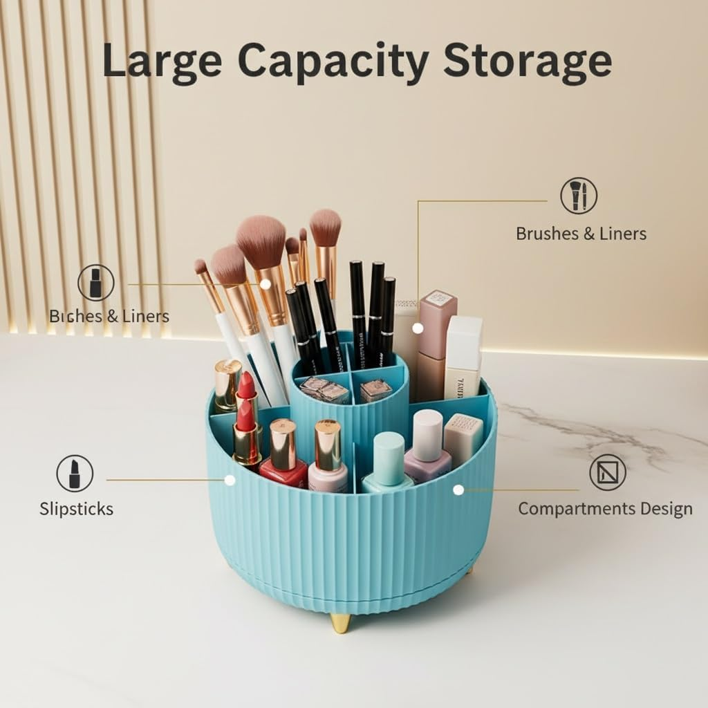 Spinning Makeup Brush Holder, 360&deg; Rotating Makeup Brush Organizer with 5 Slots, Large Capacity Cosmetic Storage Cup for Makeup Brushes, Lipsticks, Nail Polish, Bathroom Vanity Organizer(Blue) image number 6