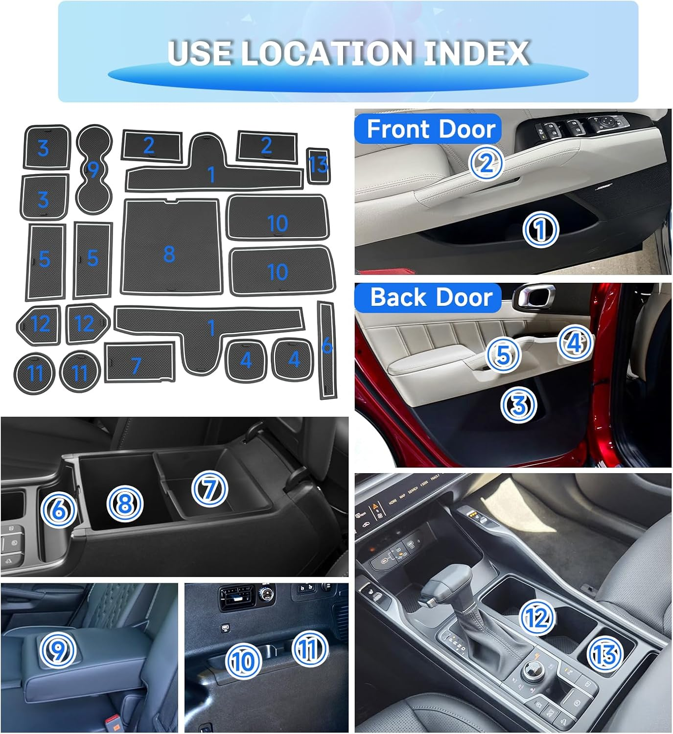 SXCY for 2021-2025 Kia Sorento Accessories Cup Holder Inserts Liner 2024 2025 Sorento Door Slot Mats 2025 Sorento Accessories Center Console Liners (7-Passenger Seats Only for LX/S Trim) (White) image number 3
