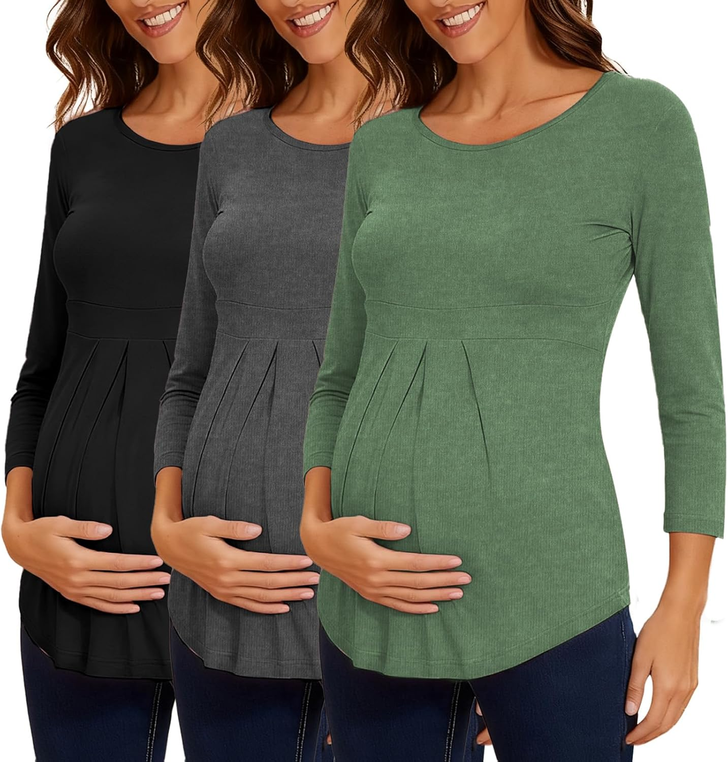 Ecavus Womens Maternity Shirts 3-Pack Short Sleeve Tops Empire Waist Pleated Front Maternity Clothes for Work and Casual