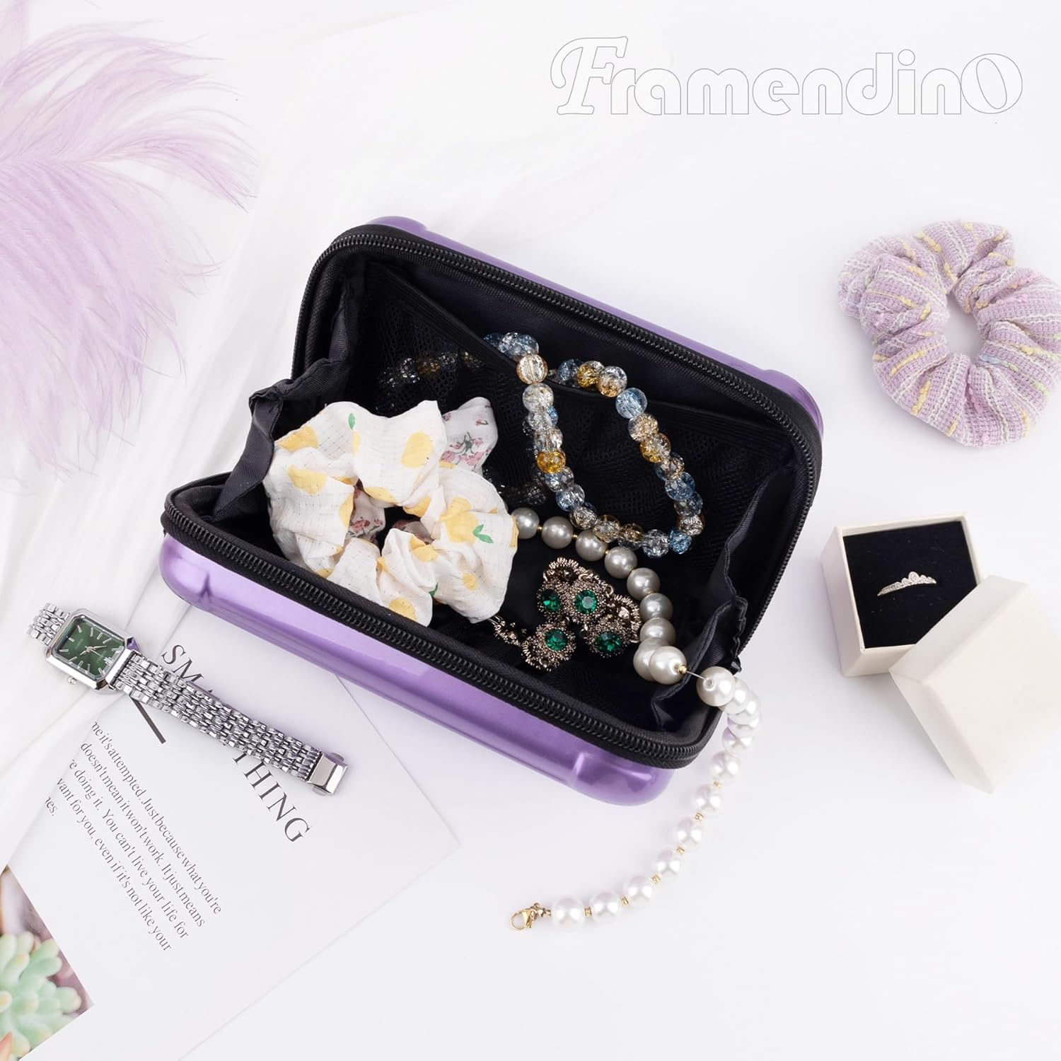 Framendino, Purple Hard Shell Cosmetics Case Carrying Bag for Toiletry Mini Cross Body with Detachable Grip Rope and Shoulder Strap Women - Red image number 2