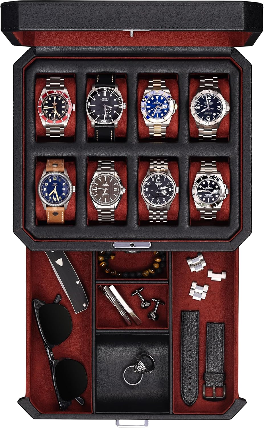 ROTHWELL 8 Slot Leather Watch Box with Valet Drawer - Luxury Watch Case Display Jewelry Organizer, Locking Watch Display Case Holder with Real Glass Top - Watch Box Organizer for Men & Women (Carbon) - 6 Pitches - Black/Red image number 3